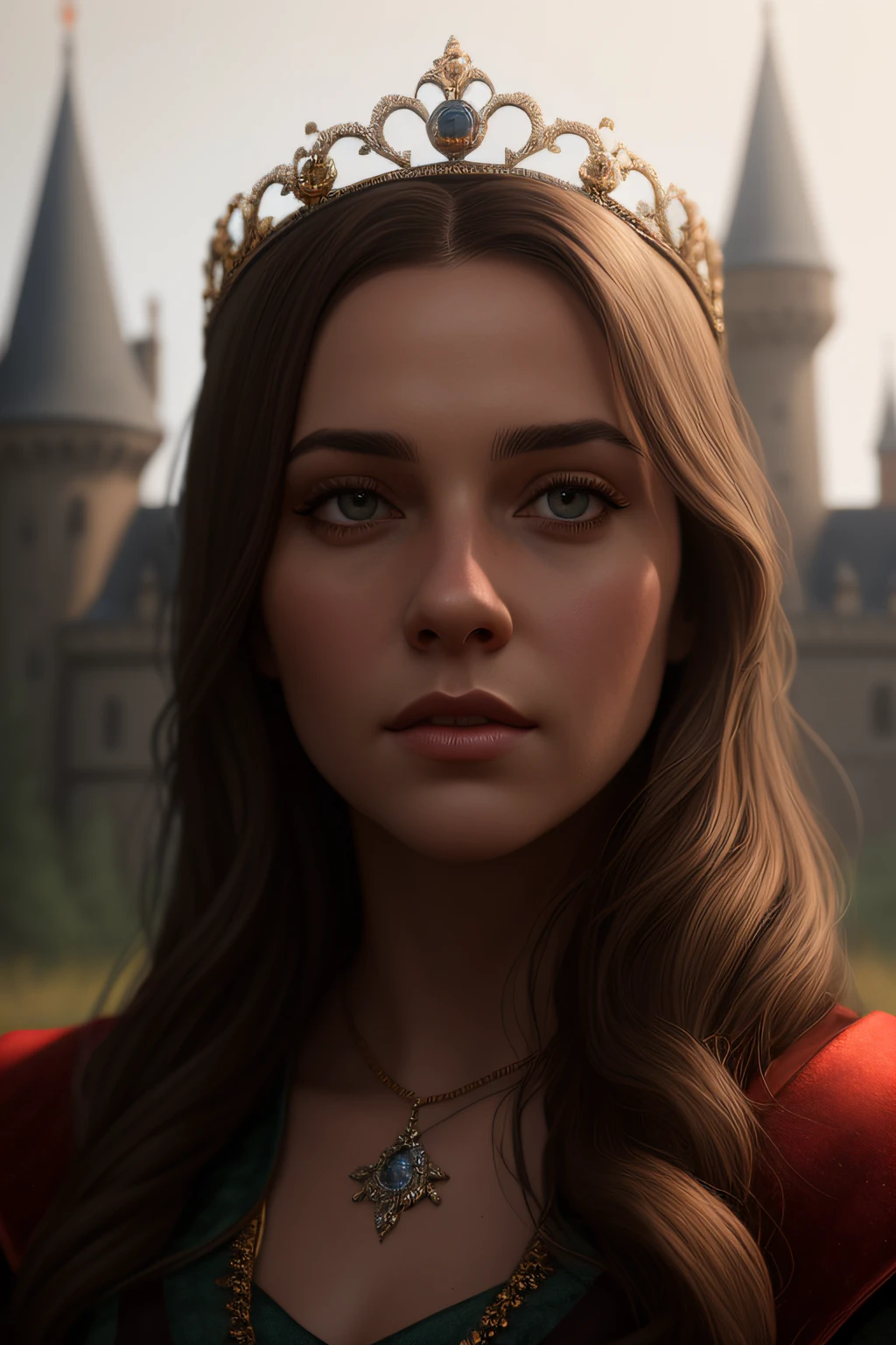 medieval princess standing in front of a castle, princess robe, crown, masterpiece, best quality, highest quality, cinematic lighting, (volumetric lighting), extremely detailed CG 8k wallpaper unit, focused, 8k wallpaper, 4k wallpaper, extremely detailed, ultra realistic, photorealistic, sharp focus, absurd, (HDR: 1.2), (high contrast), photography, detailed and intricate, instagram, portrait, highly detailed, digital painting, artstation, concept art, smooth, sharp focus, illustration, cinematic lighting, Style-Princess,