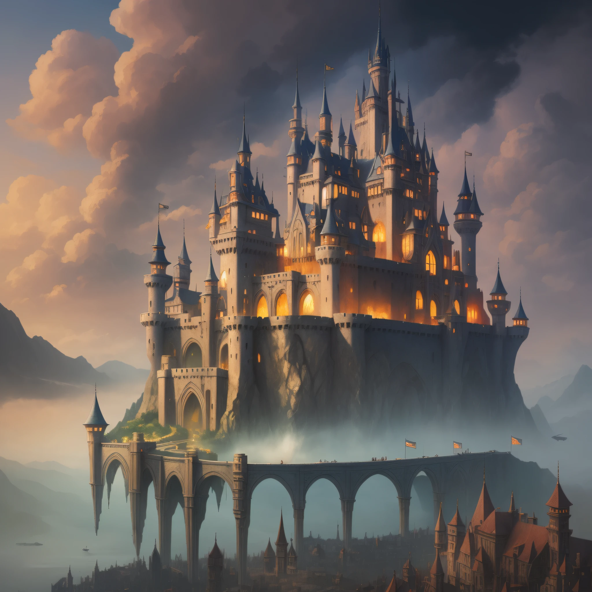 magic world, castle with a boat floating in the water, concept art inspired by Andreas Rocha, pixiv contest winner, fantasy art, fairy tale style background, concept art magical highlight, background artwork, magical fantasy art, an immense floating castle, fantasy city background, a bustling magical town, concept art stunning atmosphere, a beautiful artwork illustration
