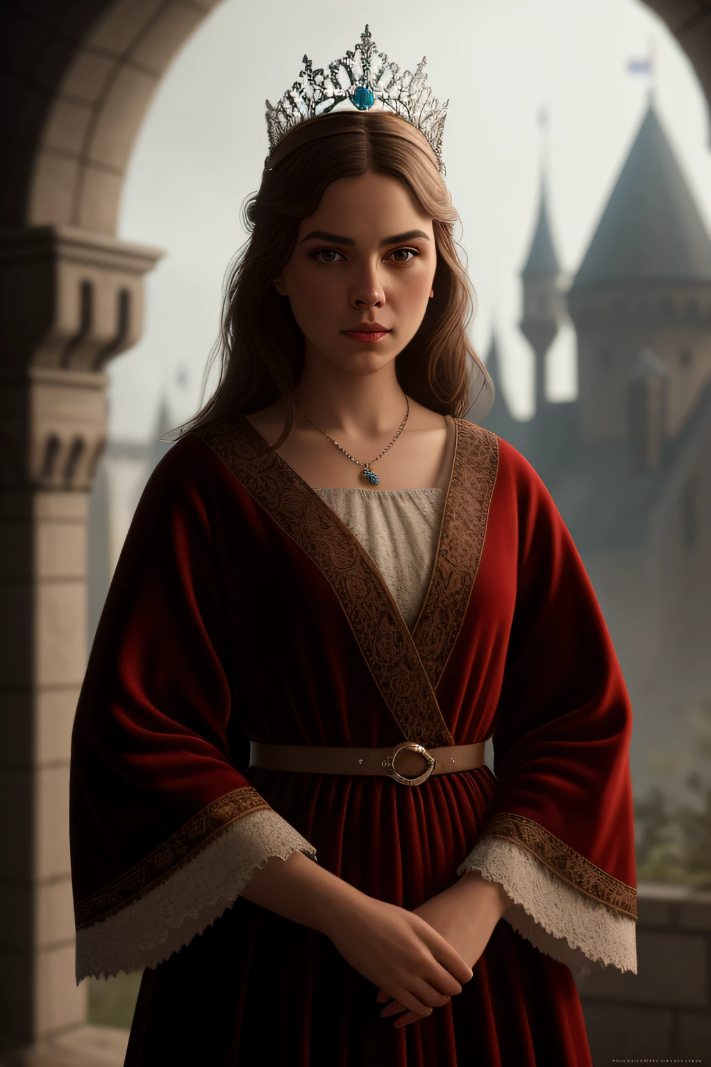 medieval princess standing in front of a castle, princess robe, crown, masterpiece, best quality, highest quality, cinematic lighting, (volumetric lighting), extremely detailed CG 8k wallpaper unit, focused, 8k wallpaper, 4k wallpaper, extremely detailed, ultra realistic, photorealistic, sharp focus, absurd, (HDR: 1.2), (high contrast), photography, detailed and intricate, instagram, portrait, highly detailed, digital painting, artstation, concept art, smooth, sharp focus, illustration, cinematic lighting, Style-Princess,