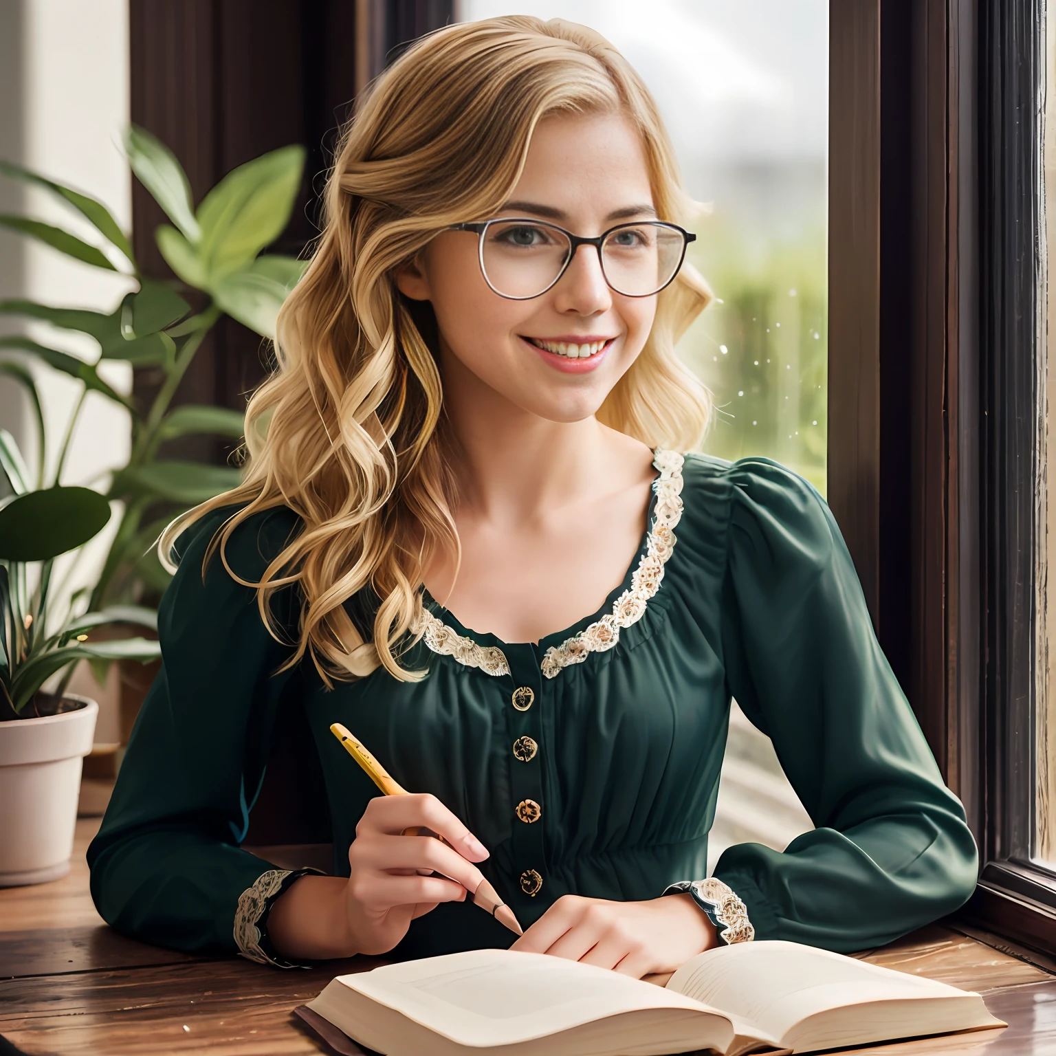 a pretty young girl
Emily Bett Rickards with a button nose a barrette holding
her messy wavy blonde hair ringlets frame her face a quiet study
green plants on the windowsill rays of morning light she smiles softly under black oval glasses reading peacefully a white peasant blouse sleeves rolled up to her elbows a pencil in hand