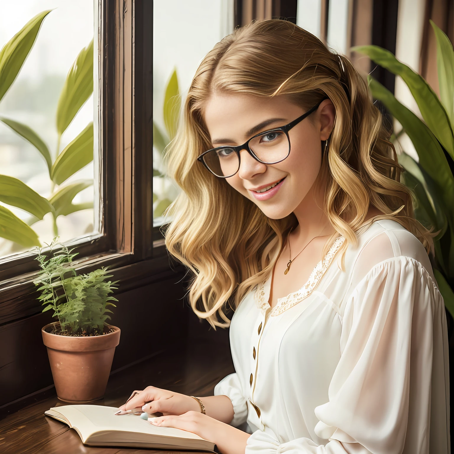 a pretty young girl
Emily Bett Rickards with a button nose a barrette holding
her messy wavy blonde hair ringlets frame her face a quiet study
green plants on the windowsill rays of morning light she smiles softly under black oval glasses reading peacefully a white peasant blouse sleeves rolled up to her elbows a pencil in hand