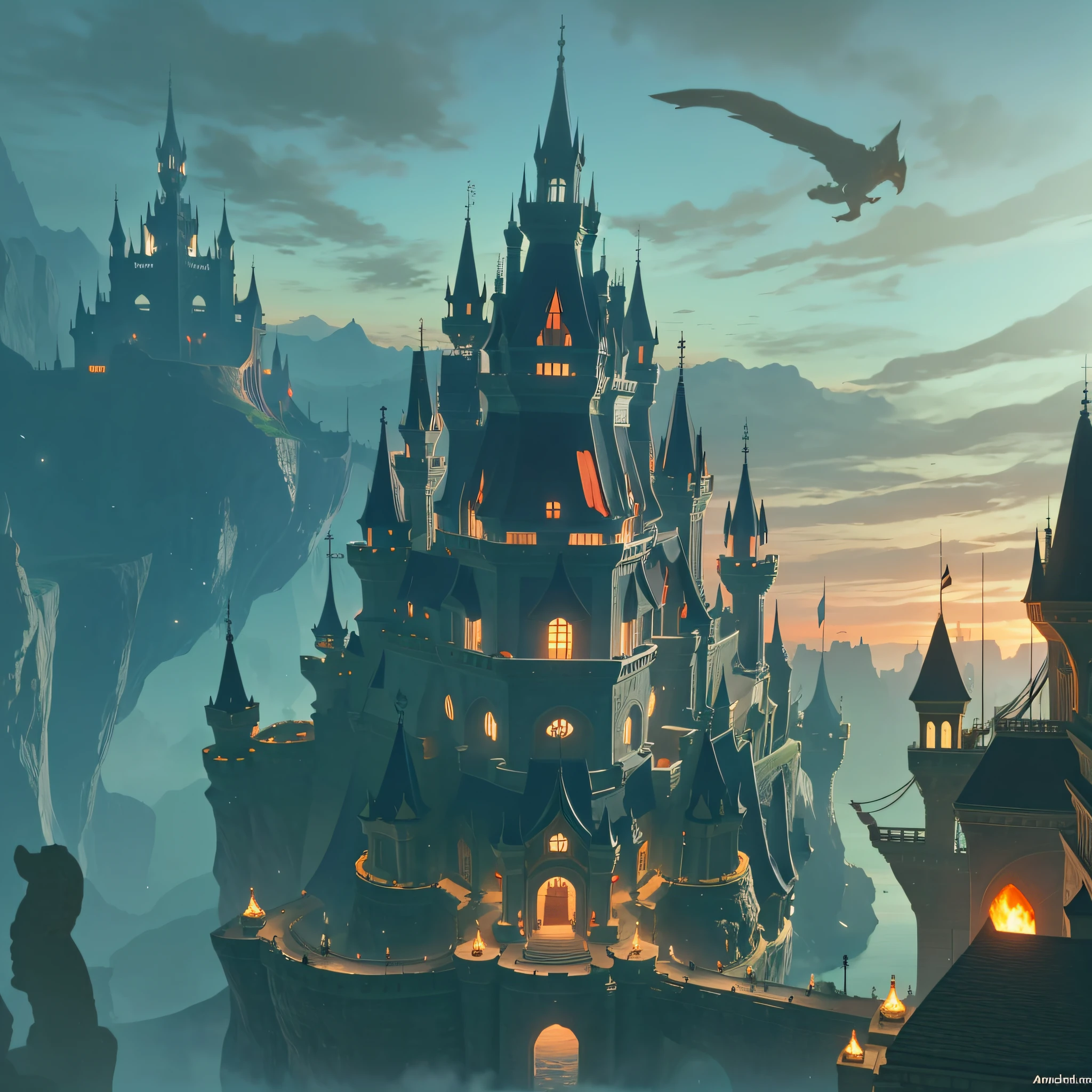 magic world, castle with a boat floating in the water, concept art inspired by Andreas Rocha, pixiv contest winner, fantasy art, fairy tale style background, concept art magical highlight, background artwork, magical fantasy art, an immense floating castle, fantasy city background, a bustling magical town, concept art stunning atmosphere, a beautiful artwork illustration