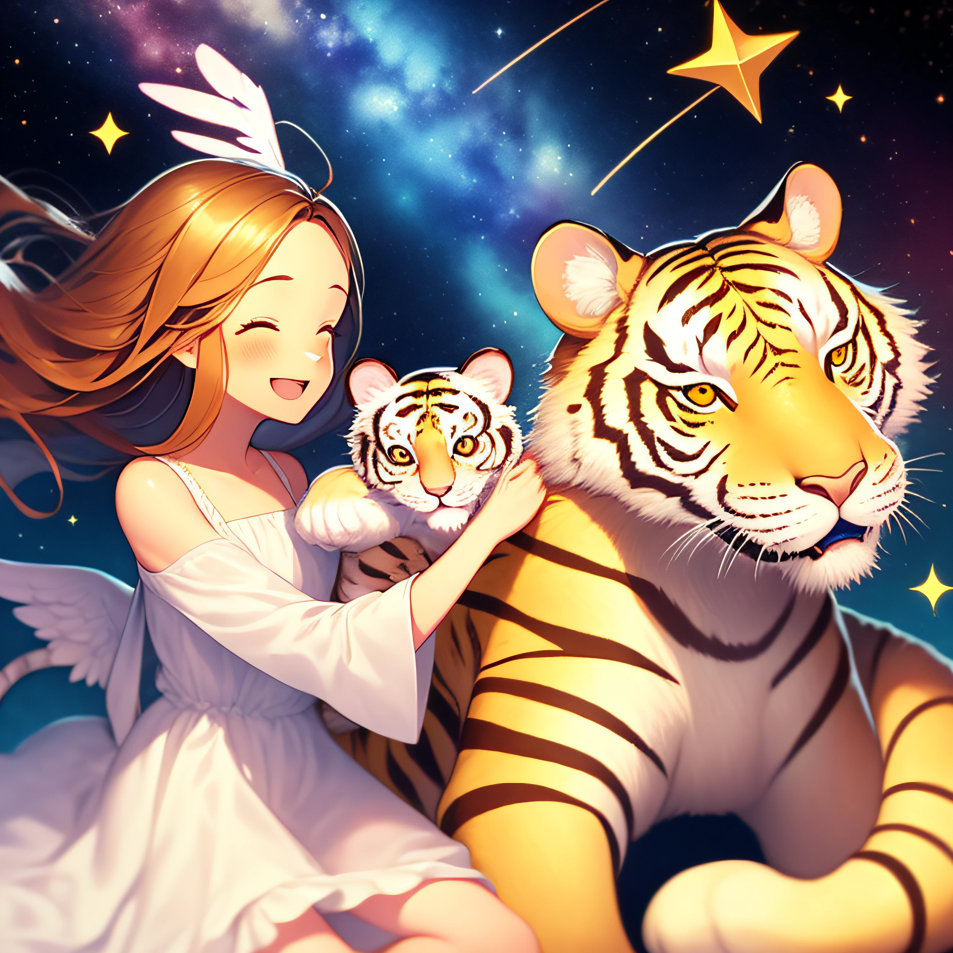Cute Art、Shoujo manga style、an angel、White tiger ears、Long dresses、beatiful smiling face、Cute clothes、happy、Overflowing with joy、universes、Milky Way Galaxy