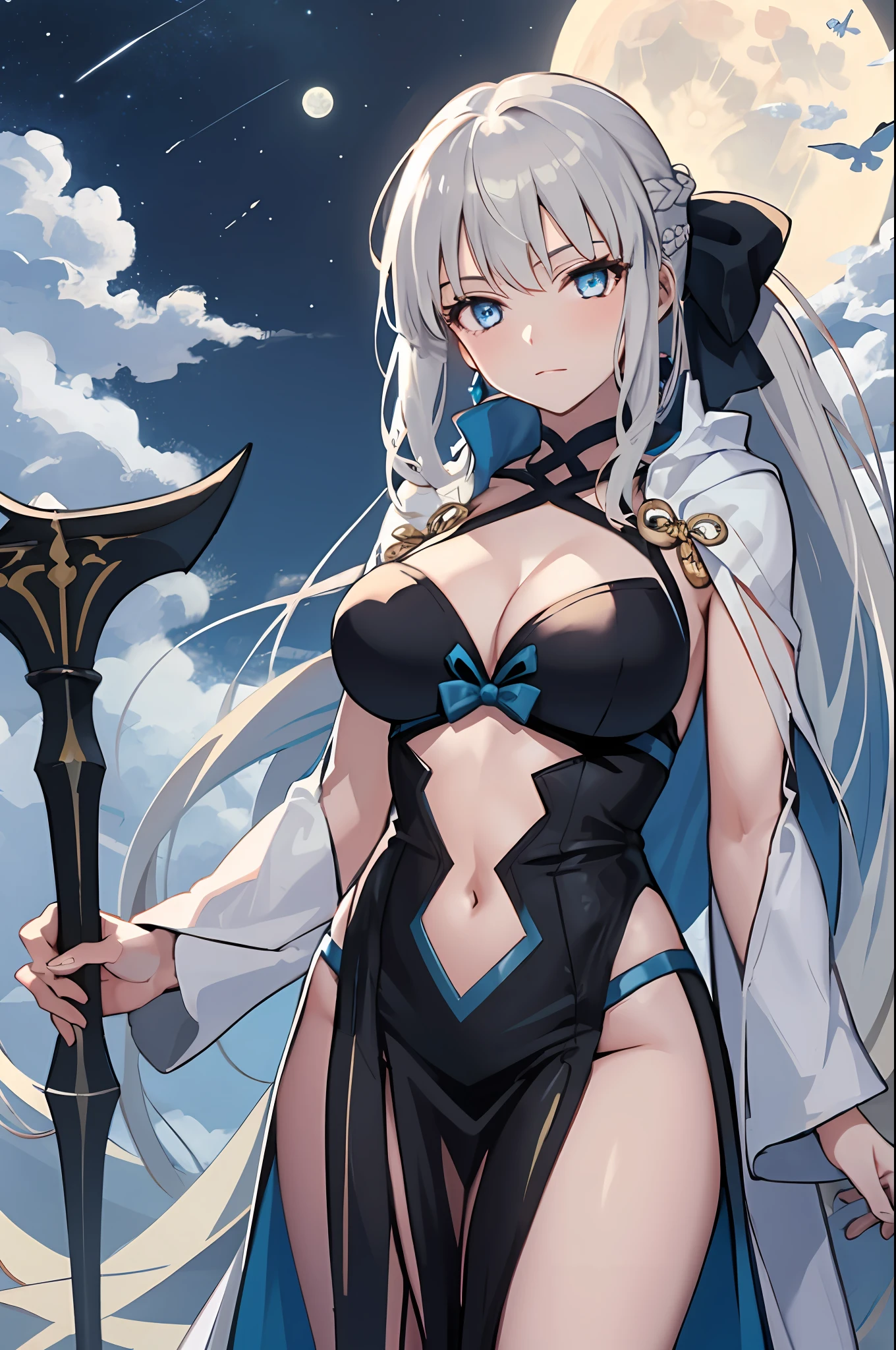 Masterpiece, Best Quality,a 1girl, Breast, morgan le fay (fate), 独奏, blue eyes, Long Hair, pony tail, bow, braid, weapons, cleavage, Very long hair, big boob, black bow, looking at viewer, gown, Hair Bow, thights, thights, black dress, Bangs, side locks, French braid, pelvic curtain, grey hair, a moon
