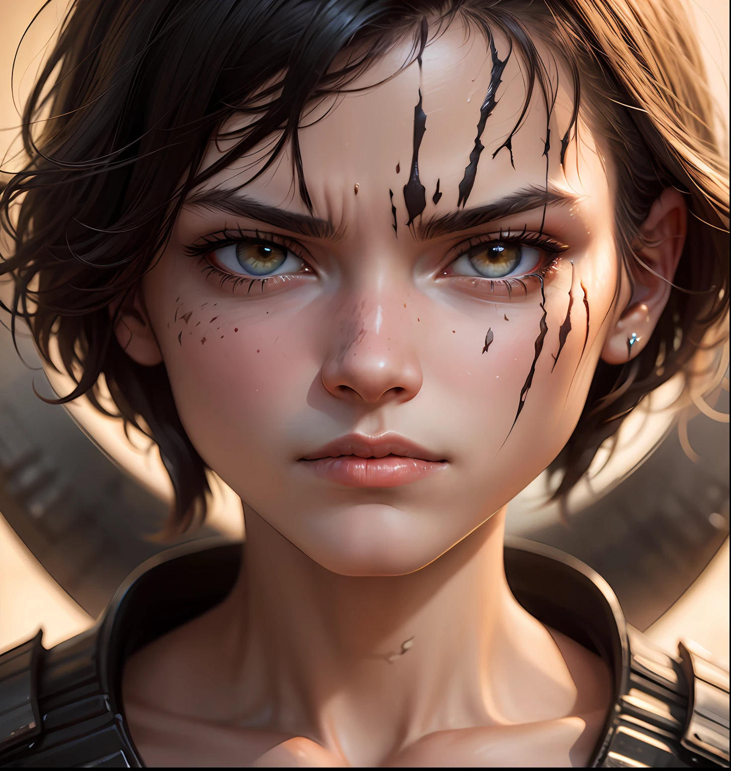 "um guerreiro ferido, with scarring on the skin and determined expression, in an ultra-realistic, high-resolution image, no formato 4k". --auto