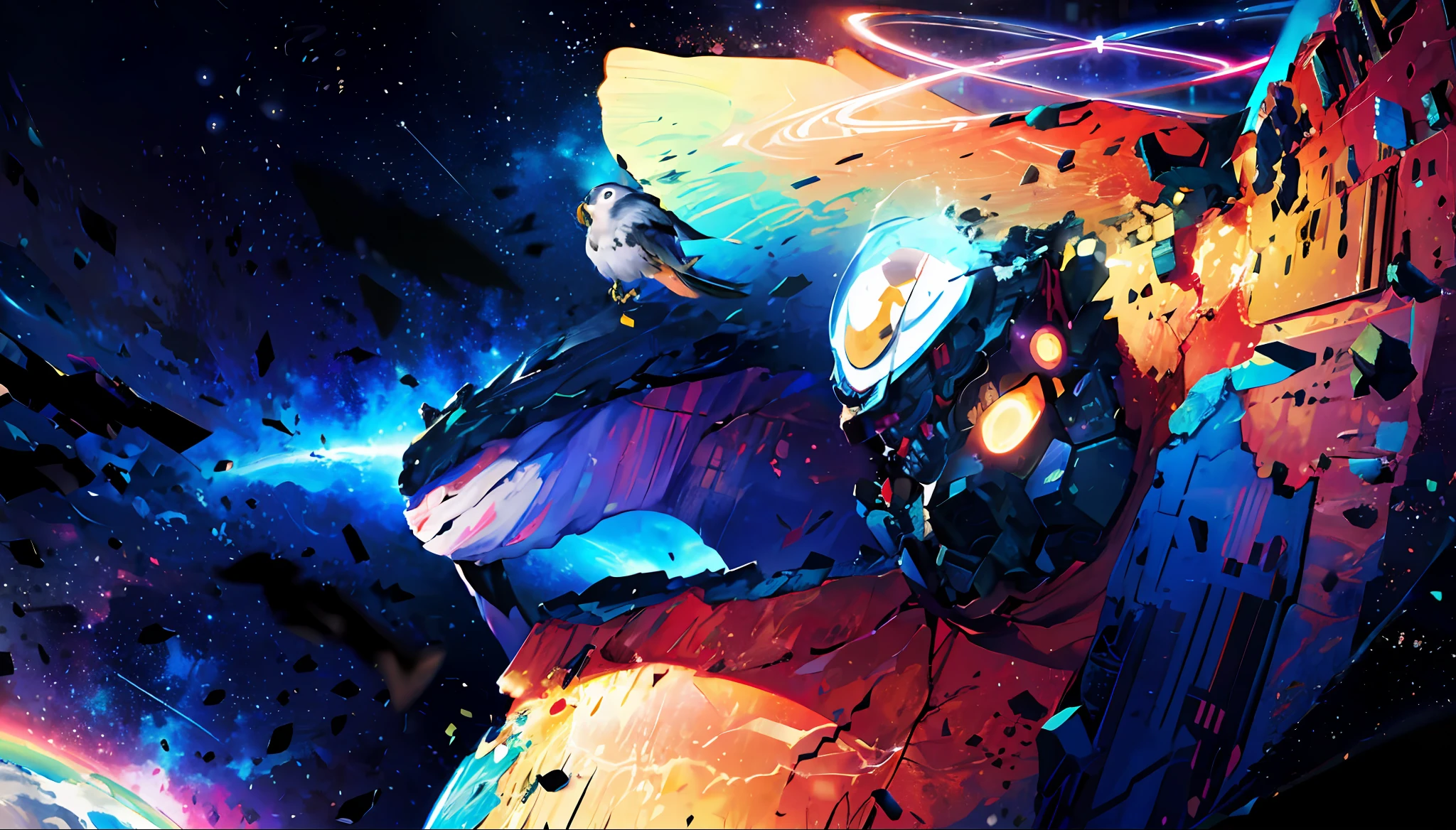 there is a white bird with a rainbow on its wings, it is flying through space, space magical whale, with a giant robot owl, fan art, cosmic horror entity with wings, Baleia espacial, Godrays Pintura Digital, visto de baixo, Flying through space, um polvo lutando contra um astronauta, flying in space, many terrible eyes in space, angel falling to andromeda