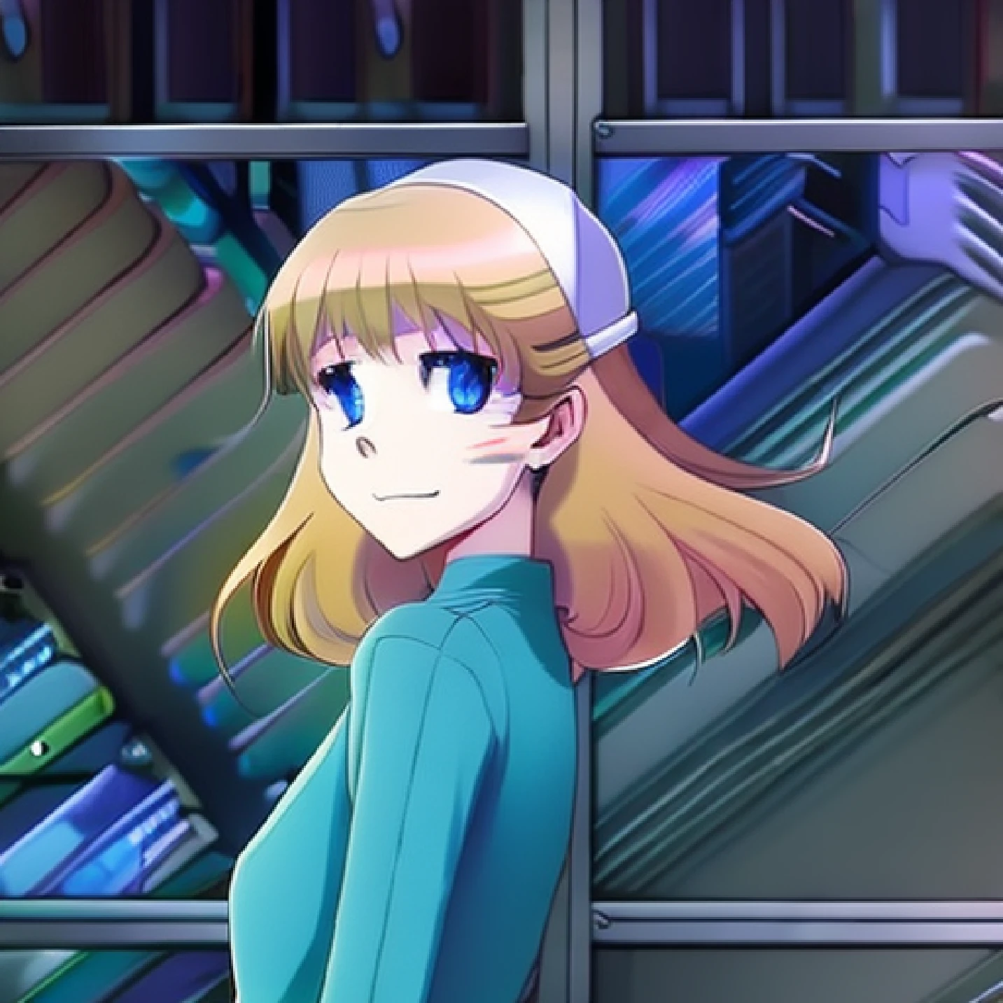 woman in studio_ghibli_anime_style style, blonde shot layered hair, dark gray-blue eyes, lo-fi inspired outfit, kawaii