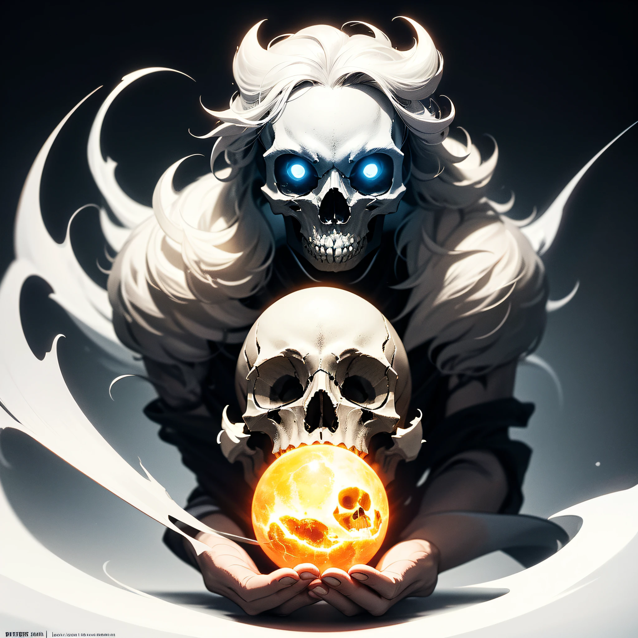 Fluffy cute ball that is a skull, glowing eeriie blue eyes, white bone, white-silver fluff, in a tomb, masterpiece, best quality, ((In Poster style))