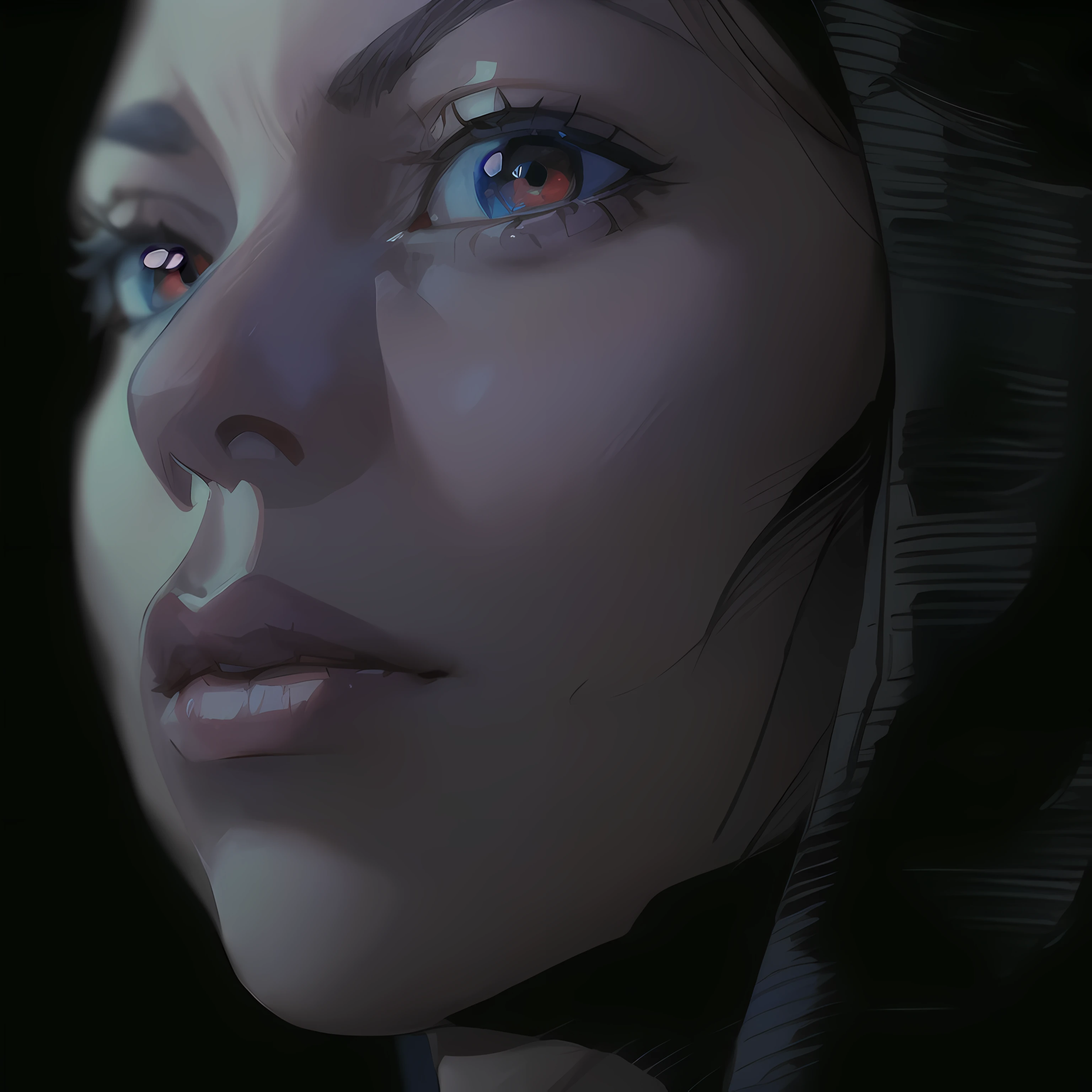 ((close up portrait of middled age woman with a hood on & with big huge giant blue eyes & tiny nose & closed big huge giant full lips!!!:1.5)), she is looking at the camera & her expression is solemn, colorfull anime portait, colorfull anime profile, solemn expression, mysterious portrait of a woman, inspired by Naruto anime series, myself, mysterious portrait, mysterious eerie portrait, night!!! (((masterpiece))), (((best quality))), ((ultra-detailed)), (highly detailed anime illustration), ((an extremely delicate and beautiful)),(from side),cinematic light,((1anime woman)),solo, black background, extreme detailed,colorful,highest detailed