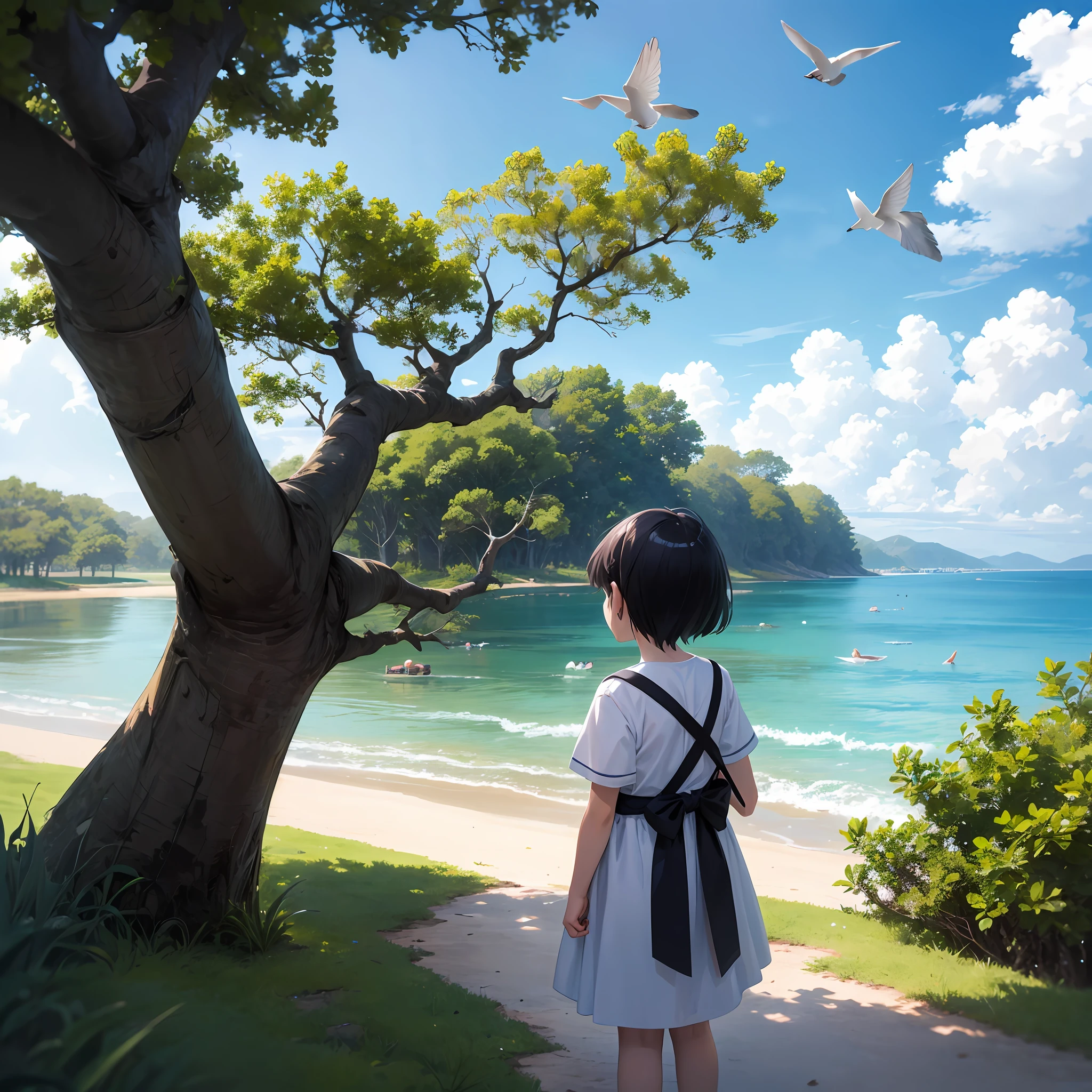 2 child looking at the horizon, com arvores em volta, birds in the sky, anime version, anime estilo ghibi, HD 4k, 8K, obra prima, alta qualidade, --auto