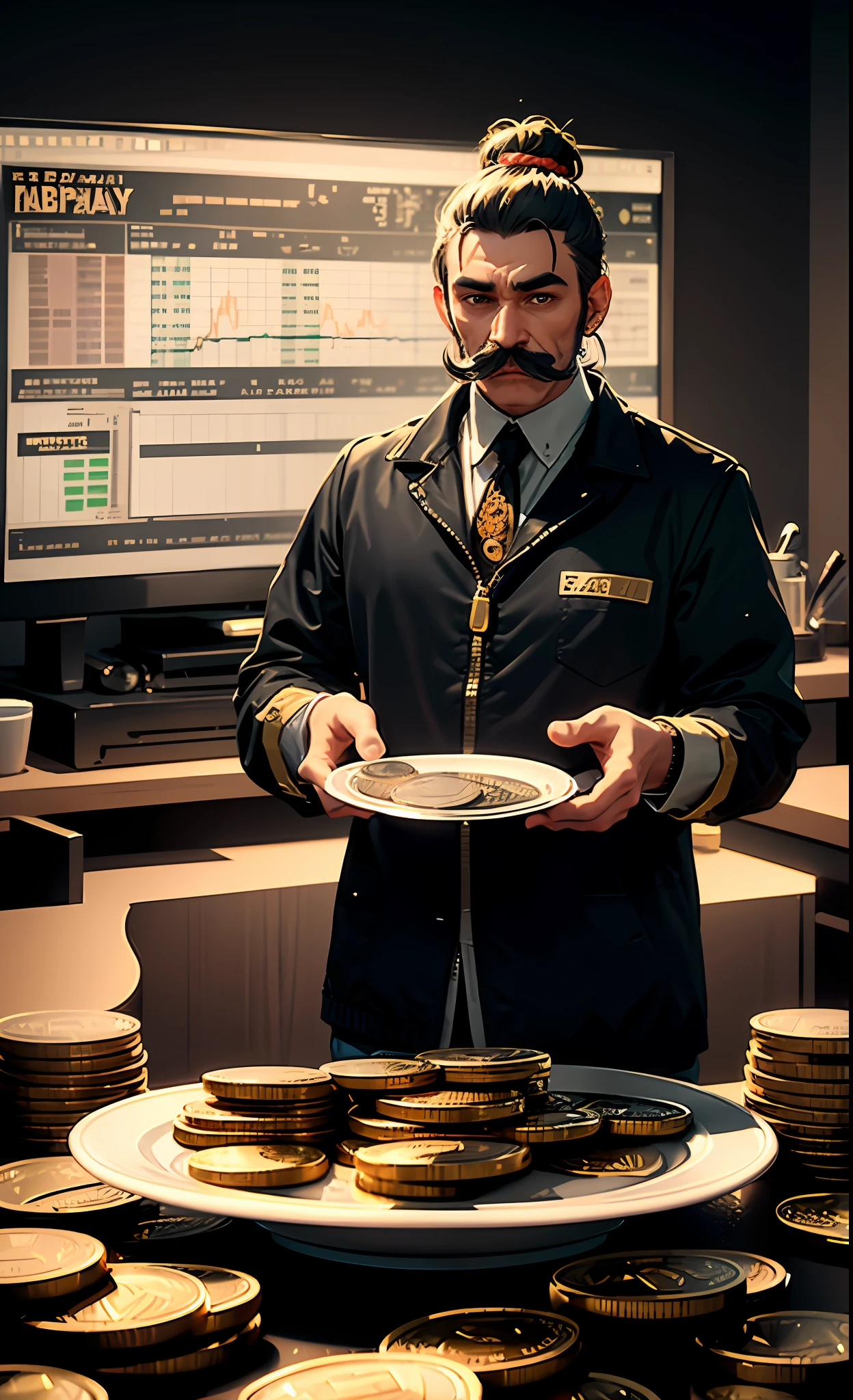 Man has short, black mustache and bard, with topknot hair, his thin face holding a coffee farm and a plate full of bitcoin gold coins, a 3d animation in the background of the image, a big screen featuring financial market and crypto charts.