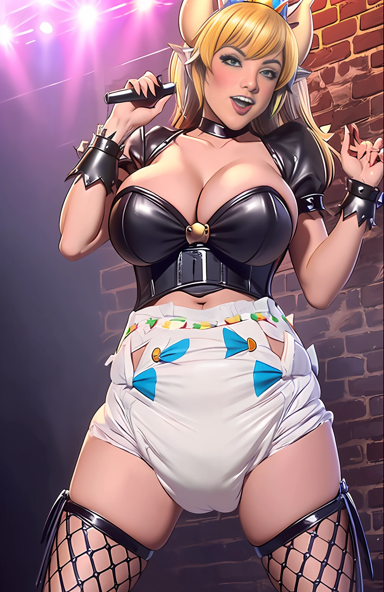 Sexy girl wearing ((big diaper)), ((Bowsette)), busty, (big breasts), wide hips, (leather), stockings, fishnets, (leather corset), (hypnotic), (magical), (blushing), (confident), pleasure, (orgasmic), colorful, ((mommydom)), brick wall, stage, stage lights, erotic, (magic fog)