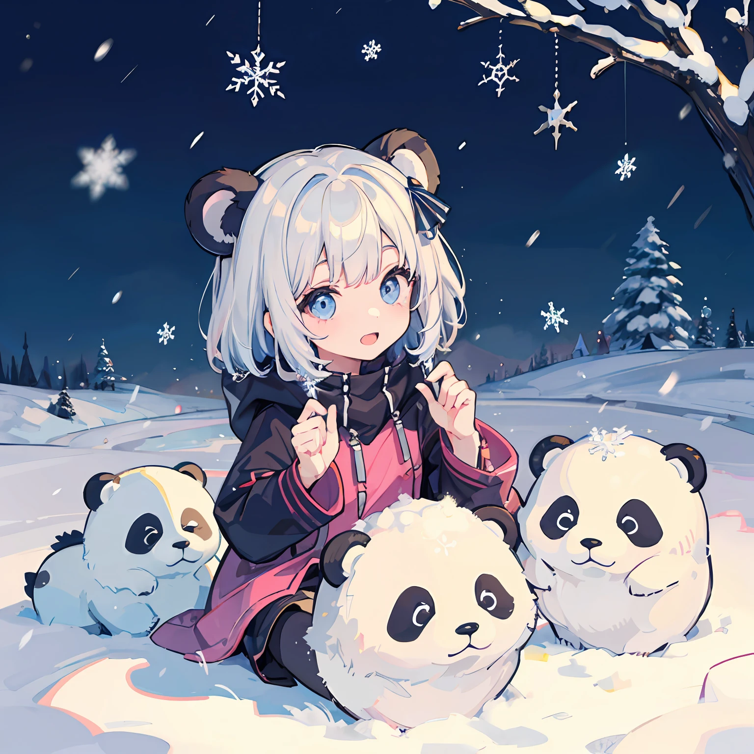 miniature garden　Panda Ears Girl　Snow background　snow country　Snowflake