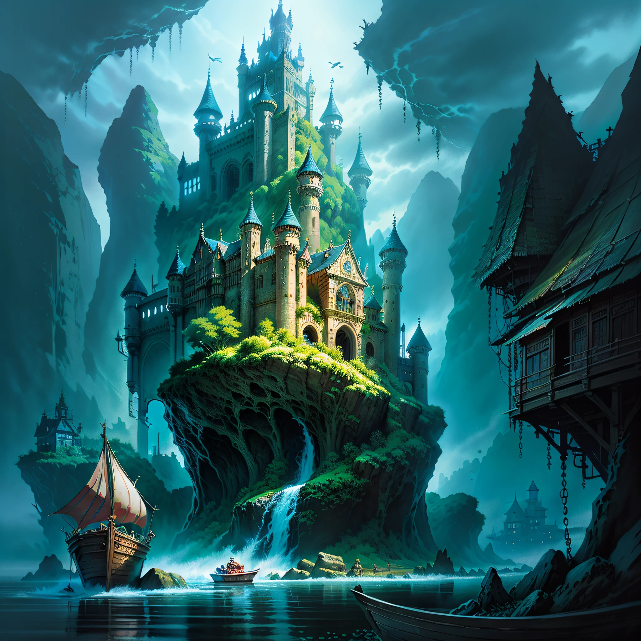 magic world, castle with a boat floating in the water, concept art inspired by Andreas Rocha, pixiv contest winner, fantasy art, fairy tale style background, concept art magical highlight, background artwork, magical fantasy art, an immense floating castle, fantasy city background, a bustling magical town, concept art stunning atmosphere, a beautiful artwork illustration