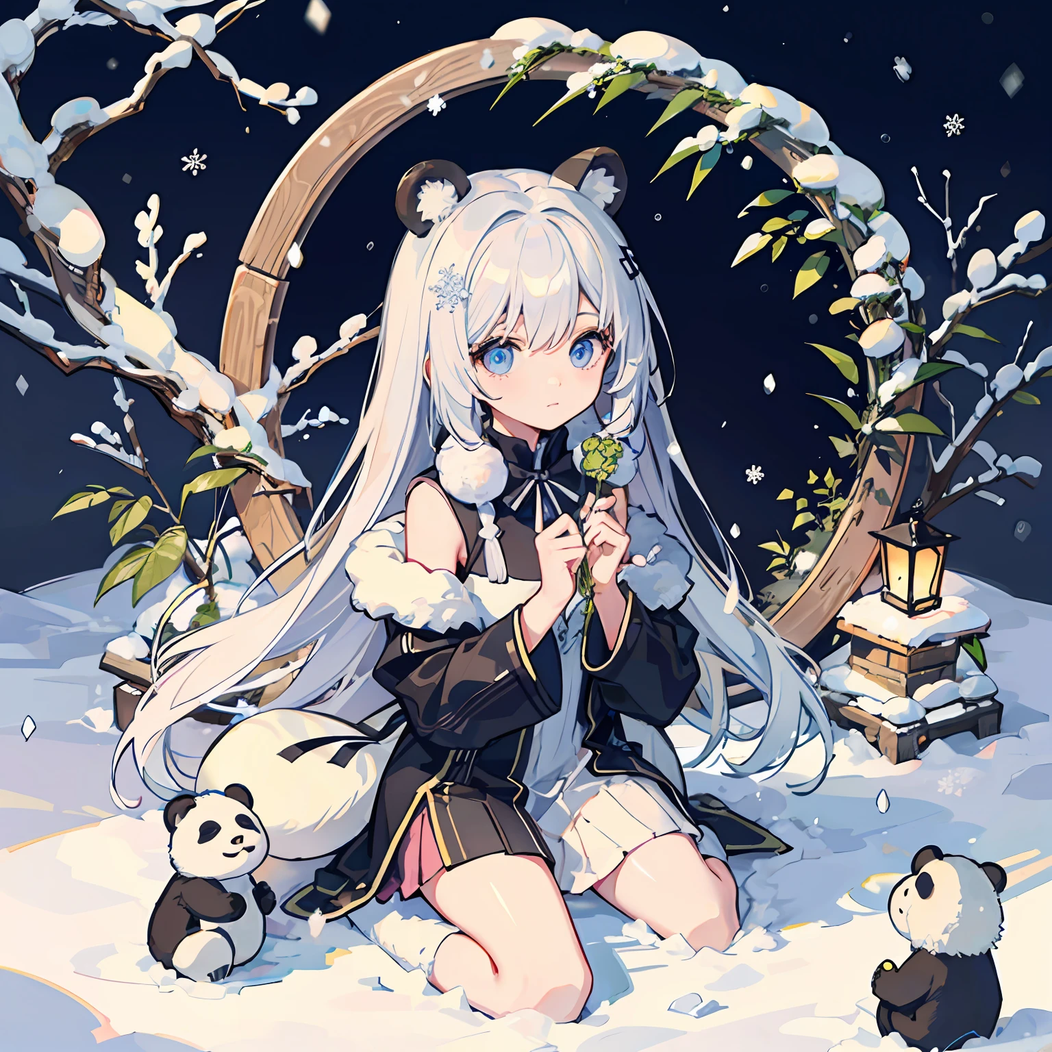 miniature garden　Panda Ears Girl　Snow background　snow country　Snowflake