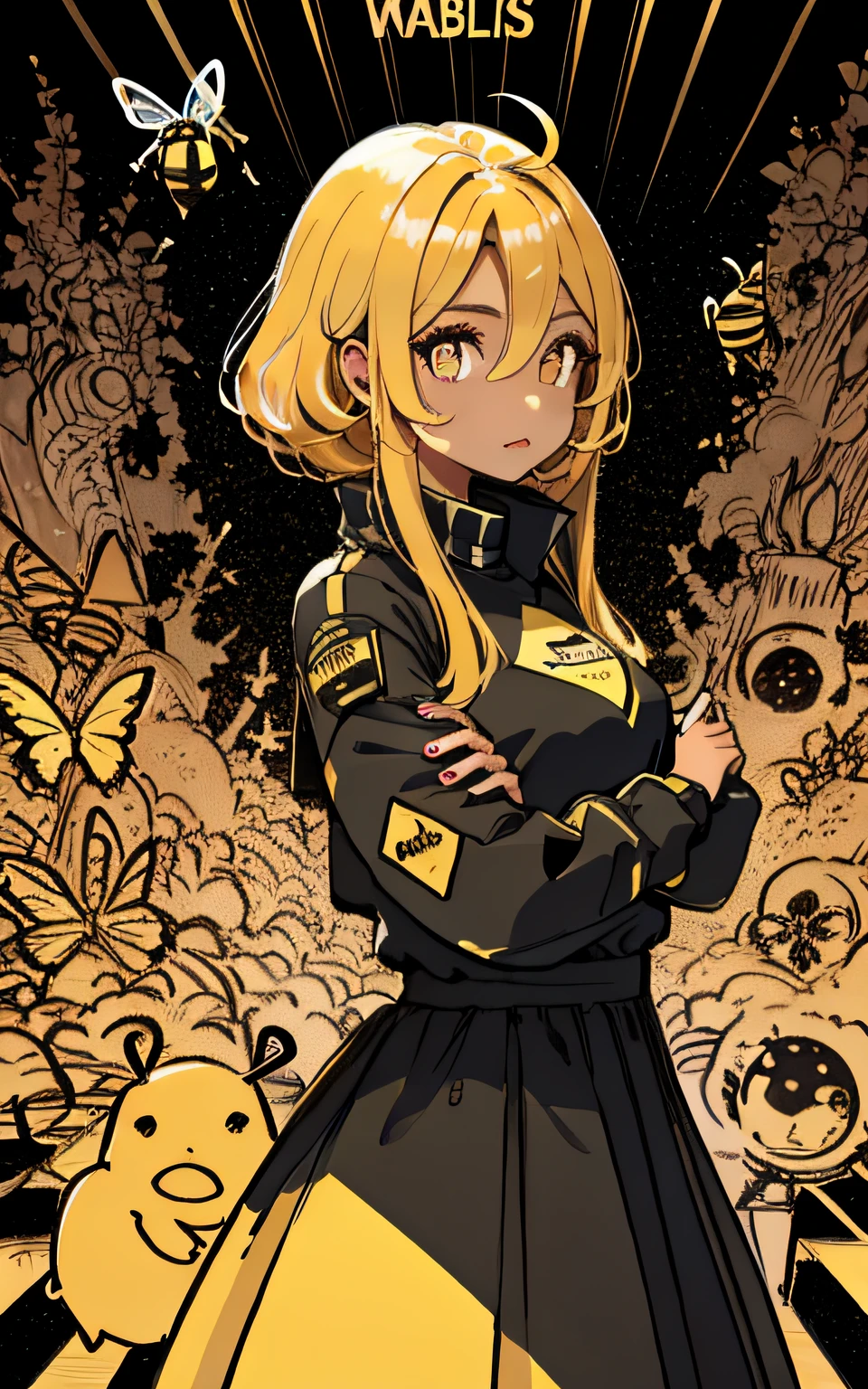Tamaki \(big tech employer\), 1Menina, franja, cabelos pretos, Ponteiras coloridas, fechar para cima, de lado, olhos amarelos, seios pequenos, sympathetic, belhos olhos castanhos caramelizados, cabelo brilhante com uma pontas loiras cabelo cacheado, garota morena light skin, trabalhando com IAs, cores das roupas amarelo e preto predominante. Estilo futurista. com um pequeno droid mecanico no ombro que auxilia em tarefas. she's got light black skin, cabelos encarocolados. has a bee drawn on the clothing of the left arm