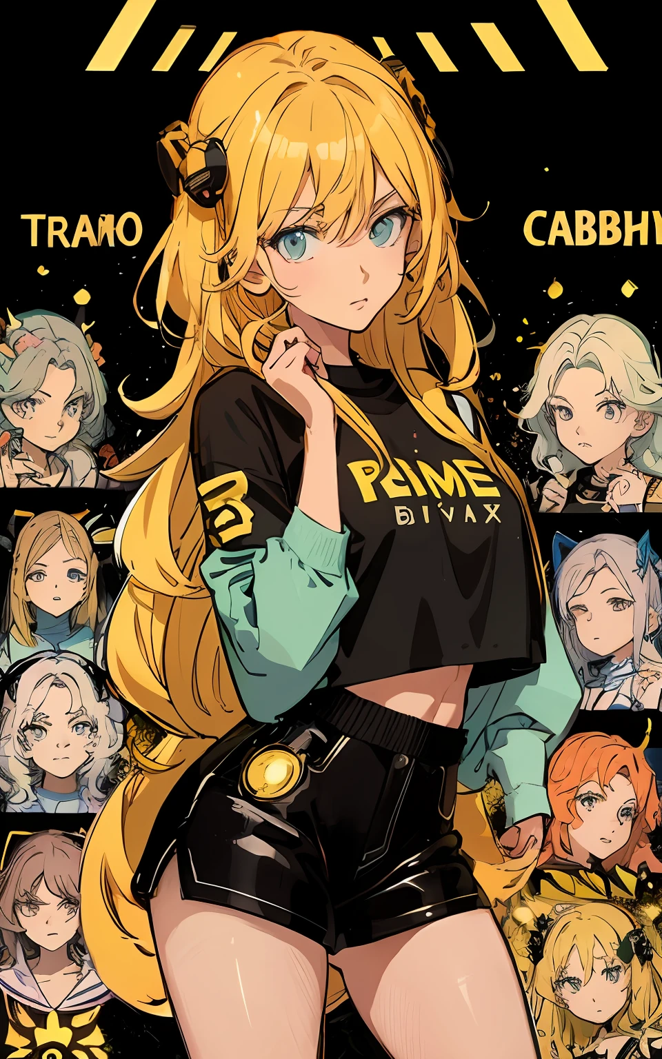 uma imagem de desenho animado de uma mulher com longos cabelos loiros e uma camisa preta, Taisho Romano, fanart oficial, anime style illustration, capa de anime, :: Ross, arte oficial, 2 0 2 2 estilo anime, Estilo anime 2022, Melhor Avaliado em Pixiv, pixiv daily ranking, Artgerm e RossDrew, roupas de trabalho em bigh tech, android pequeno no ombro como assistente de IA, pele black light skin, boca separada, trabalhando em um local bem iluminado e tecnologico,