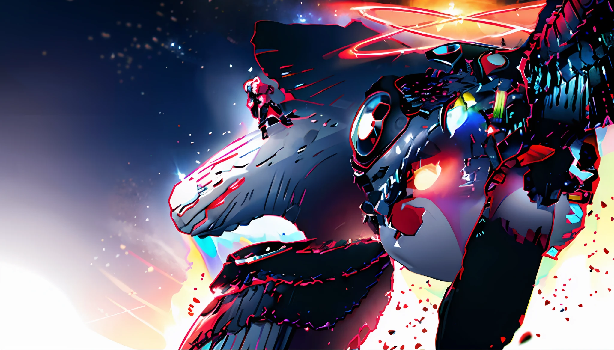 there is a white bird with a rainbow on its wings, it is flying through space, space magical whale, with a giant robot owl, fan art, cosmic horror entity with wings, Baleia espacial, Godrays Pintura Digital, visto de baixo, Flying through space, um polvo lutando contra um astronauta, flying in space, many terrible eyes in space, angel falling to andromeda