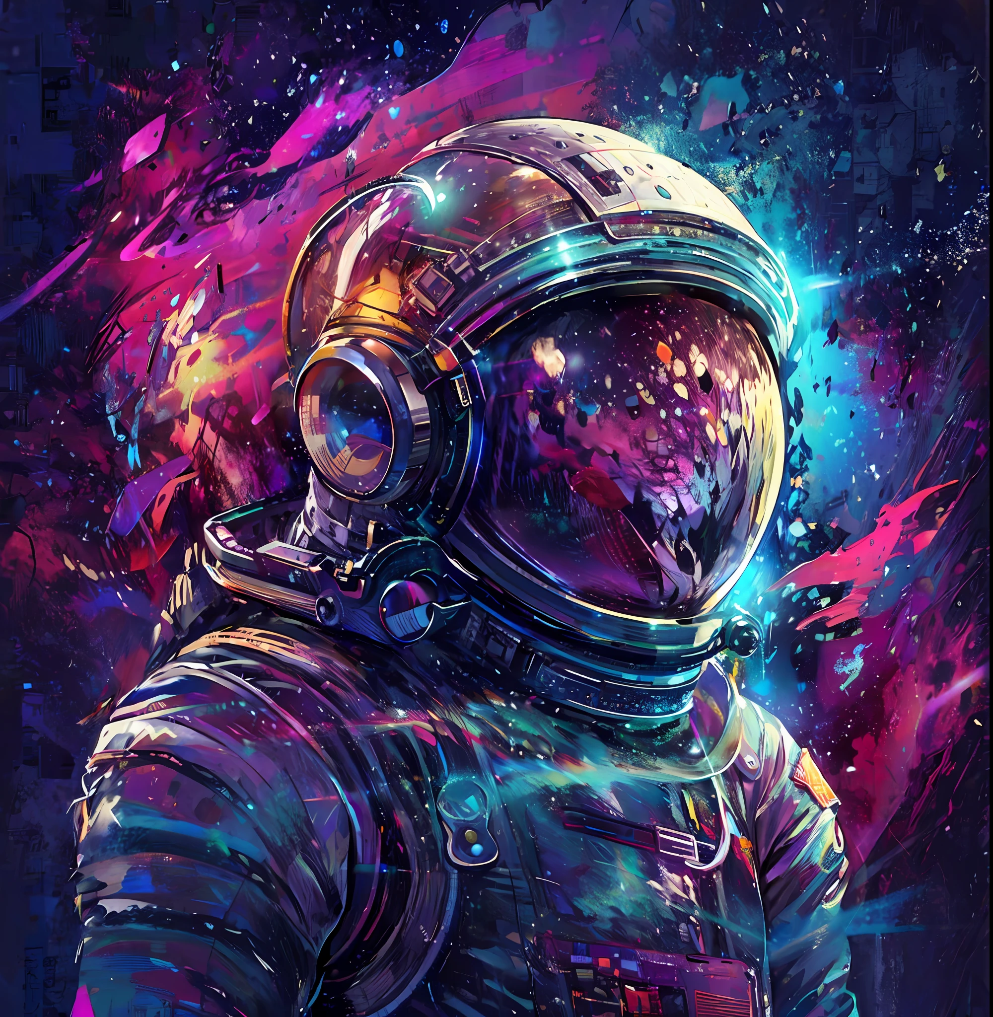 um close up de uma pessoa em um traje espacial com um fundo colorido, space colors, lone astronaut, astronauta, arte espacial, cosmic and colorful, cosmonauta, Retrato de um astronautaa, astronautaa detalhado, cosmic colors, paper awesome wallpaper, em traje espacial, Jen Bartel, in space, cheio de cores e detalhes ricos, Retrato do astronautaa, astronautaa futurista