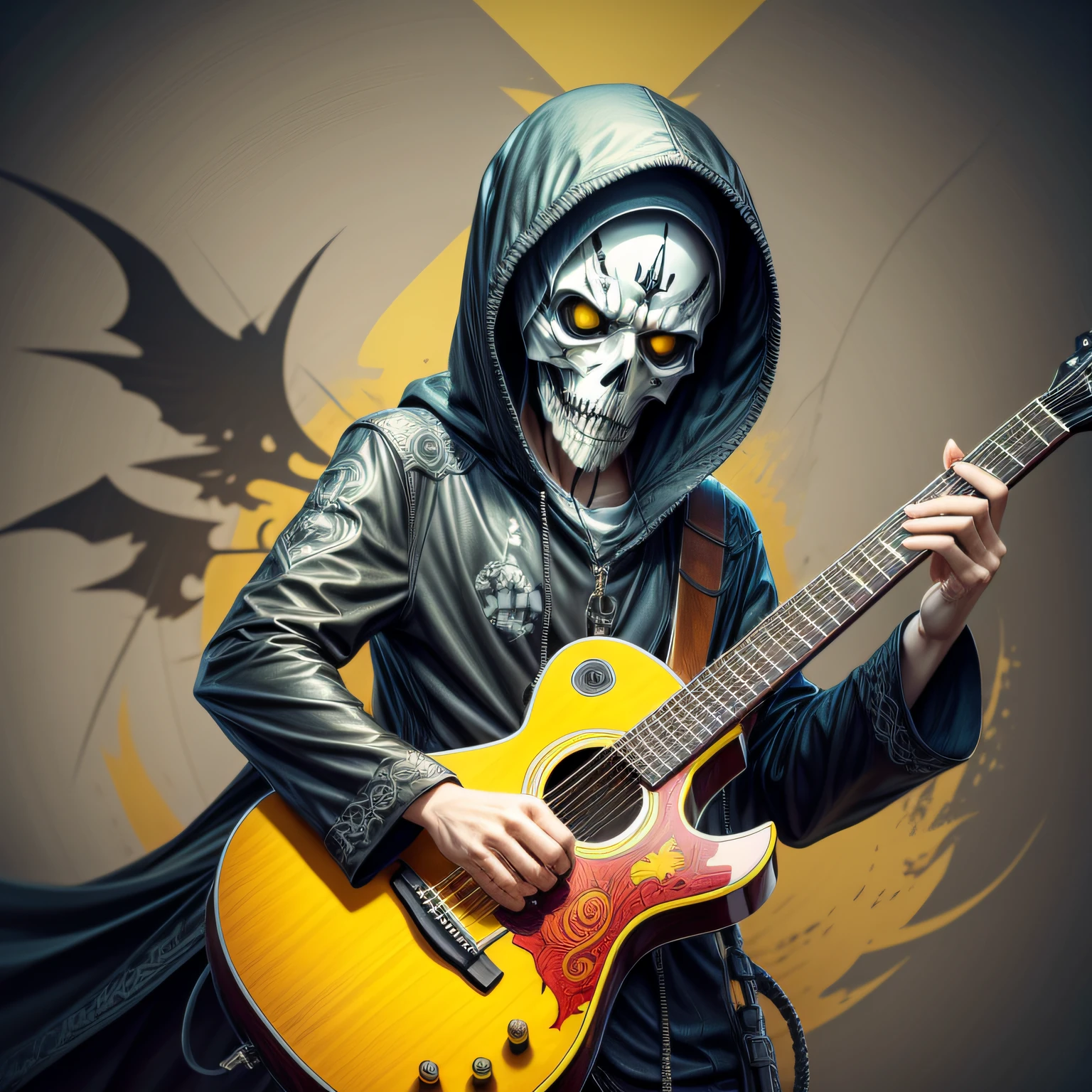 Cthulhu, playing a bone guitar, very punky spiked black suit, dark stormy sea in background, masterpiece, digital art, dark fantasy --auto