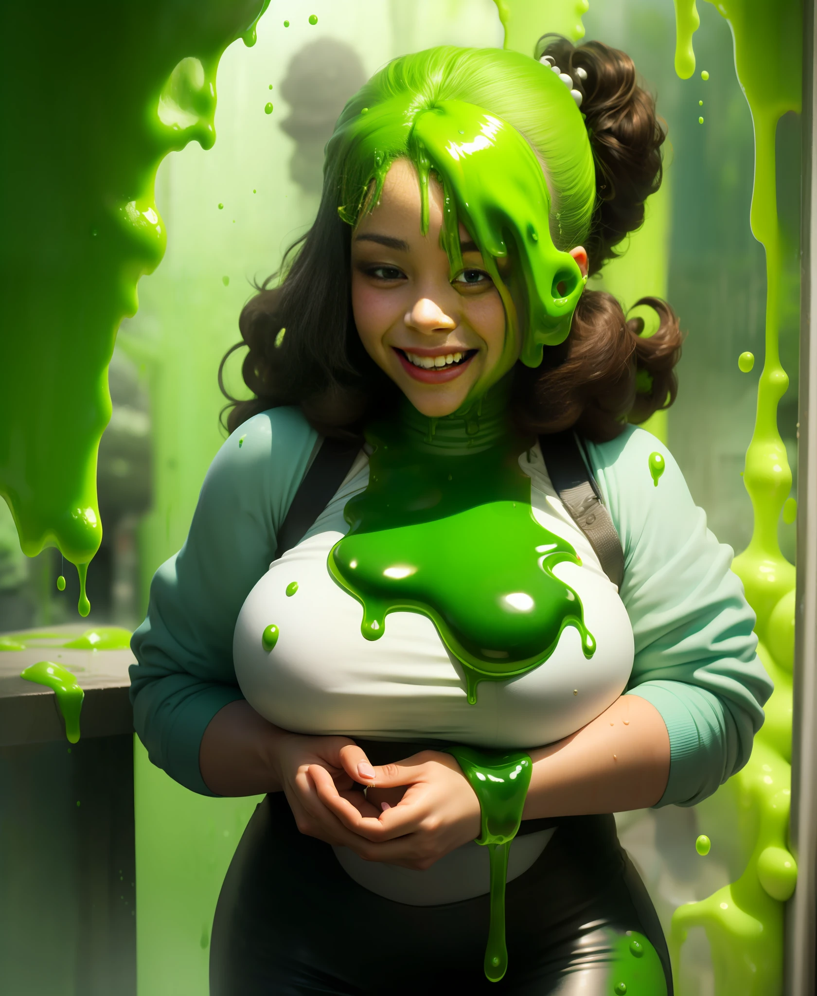 (4k, high level of detail, HDR, DSLR, realistic) woman, Latina, perfect figure, curves, curly hair, tight curls, red lipstick, covered in green slime, slime dumped on woman, green slimed hair, neon  green, neon green goo, gunged, green gunge, green paint, goo, sticky, smile, glee, happy, Nickelodeon slime, splattered, drenched, soaked, slimy, slimy, slimy, slimy, slime in hair, full coverage, slippery, sensual, splat, sloppy, goop, thick, dark green sludge, Nickelodeon slime, deluge, oozing slime, dripping slime, green slime on her hair, slime on her head, plume of slime from above, slime from above, covered in green slime, ooey gooey, goo in hair, goo on hair, goo on head, green snot, snotty, green mucus, green slime, green slime, green slime, green slime, green slime, green, slimed, slimed, slimed, slimed, slime on head, green paint, green paint in hair, thick, slime, creamy, slime on face, green goo on face, dripping