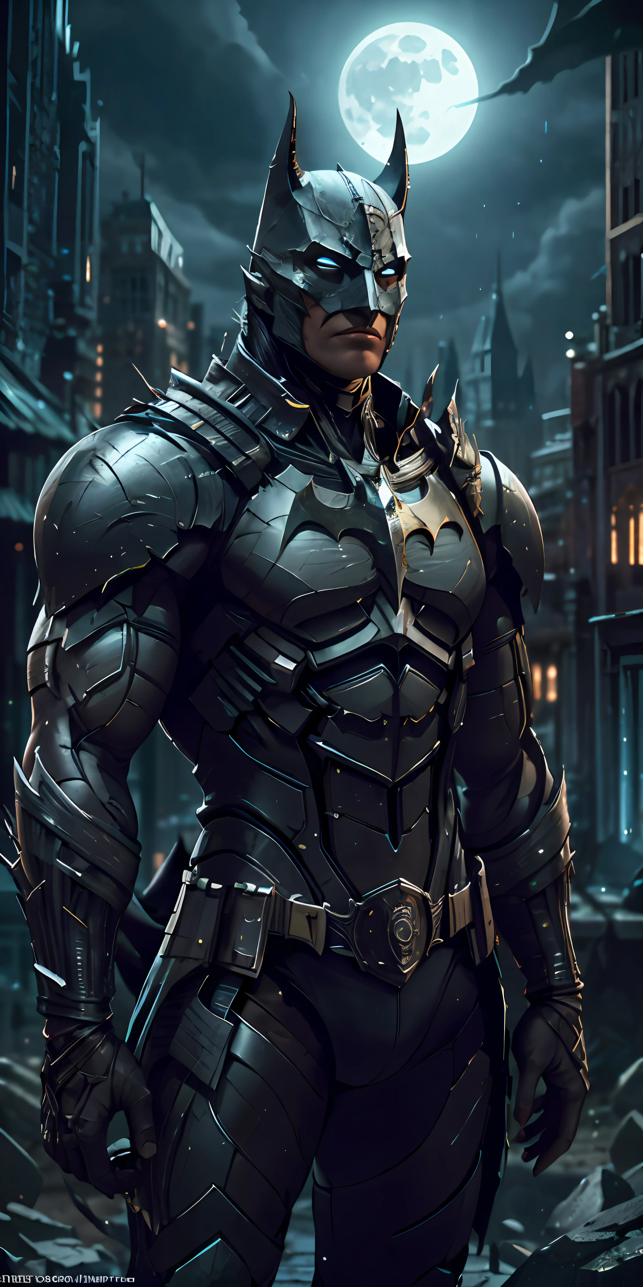 Batman from the dark knight stands imposing in a gothic lost city. Moonlight highlights your muscles and scars. The scenery is lush and mysterious, with futuristic tech and surroundings. The camera details everything, a warrior woman, in front of him.