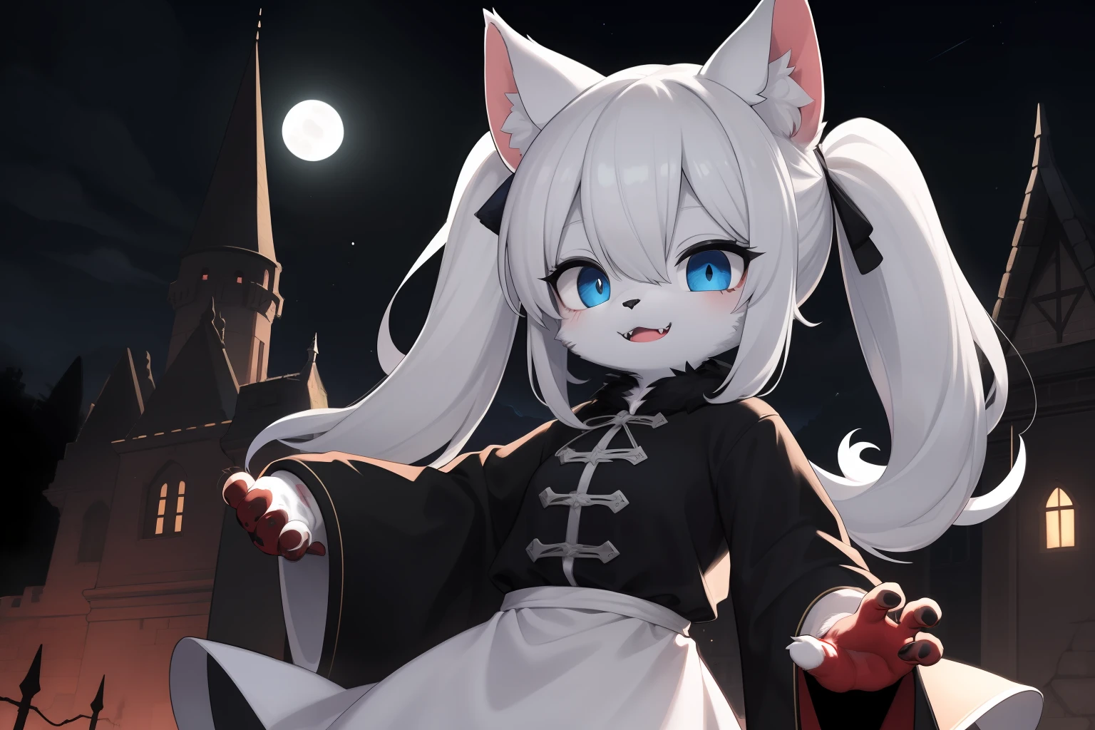 Cat Girl,was hairy,shaggy,Skin fur,White fur,Forelimb hands,hair splayed out,White ears,White face fur,White hair, hair splayed out, Shiny hair,Long hair,Hairline, lowtwintails,Blue eyes,Super cute face,Empty eyes,Crazy smile, Fangs,bat hair ornament,White dress,Ambient light,Ultra-fine fur,volumettic light,, dashed eyes, bangs, light and darkcontrast, ultra high def, 巨作, Super detail,Castle background,Night,starry light,blood, blood_On_clothes, blood_Hands, blood_arma, blood, blood_stain,guangjiao,