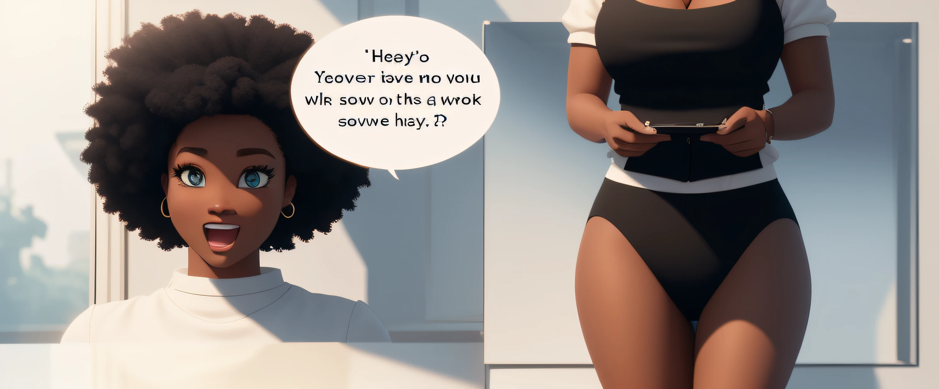 two shot panel, Curvy Black woman with Afro, lifting up white shirt to show her white high cut panties, speech bubble saying "Hey, look over here, for a second...", mouth open to talk, 3d animated movie art style, intricate details