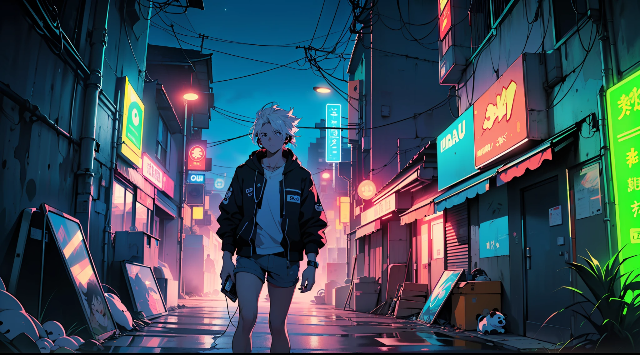 ((meia-noite, alta qualidade, 4k, estilo de anime, imagem 16x9), (DJ panda, fones de ouvido grandes, fofinho, wearing a retro style jacket), (messy bedroom, com uma janela ao fundo, Showing the city at night), (cores vibrantes, neon, dark ambient) --auto
