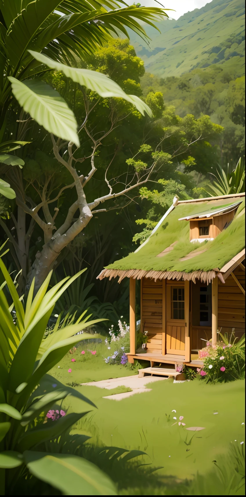 Jungla, cascada, rodeado de flores silvestres. a tiny hut with a person standing on its porch, Visto desde lejos. Obra maestra, La mejor calidad, Alto detalle.