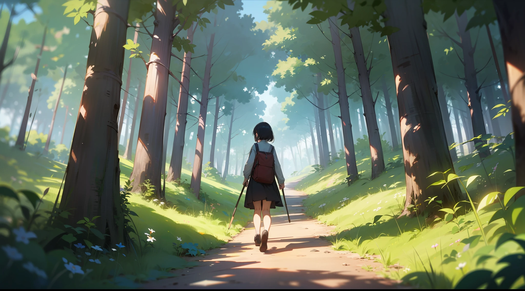 (1girl, cute girl in a trail, masterpiece), high details, nature, artistic, contrast,shadows, gorgeous, old, cinematic,centralized