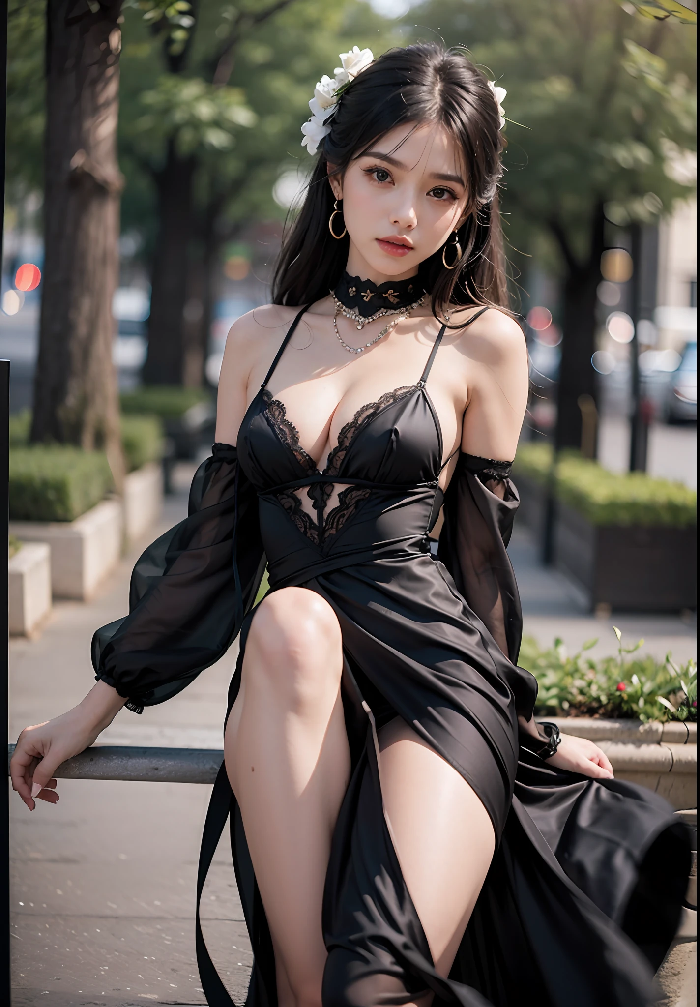 Menina bonita, usando um vestido justo de cetim, saltos pretos, belas pernas, cabelo preto ,black dress, olhando para frente, fotografia profissional, obra-prima, pele detalhada, olhos bonitos, perfect feet. Black, Silk dress, mini dress