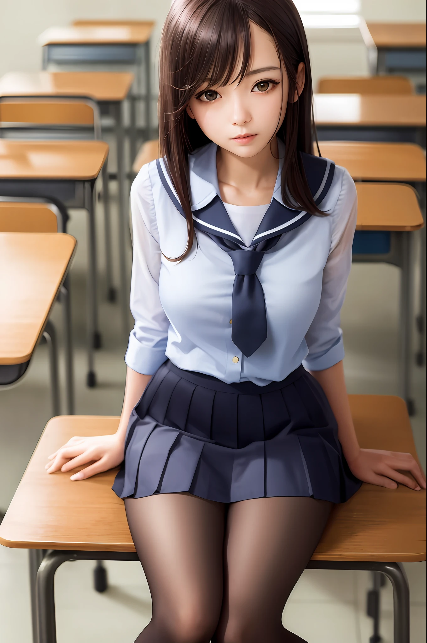 masterpiece, best quality, ultra-detailed, illustration, colorful, falt color, depth of field, lens flare,
1girl, anime, sitting, black hair, looking at viewer,school, classroom, pleated miniskirt , school uniform, serafuku, black pantyhose, detailed skin texture, detailed cloth texture, beautiful detailed face,