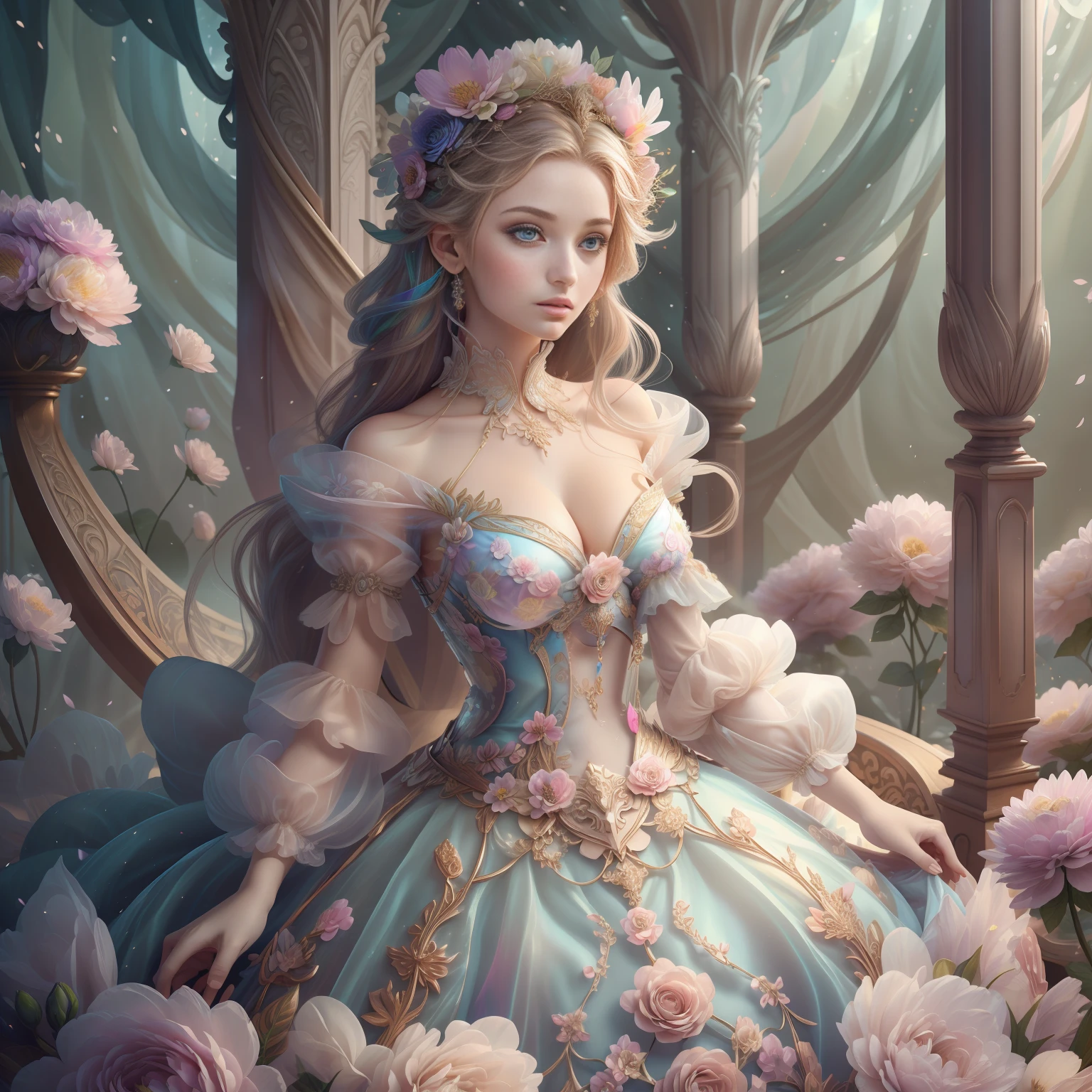a spring goddess wearing a majestic,flowers dress, big beautiful dress, intricate puffy ball gown with lots of ruffles and rhinestones (Masterpiece, Top Quality, Best Quality, Official Art, Beautiful and Aesthetic: 1.2), (1 Flower), Upper Body, Extremely Detailed, (Fractal Art: 1.3), Colorful, Most Detailed