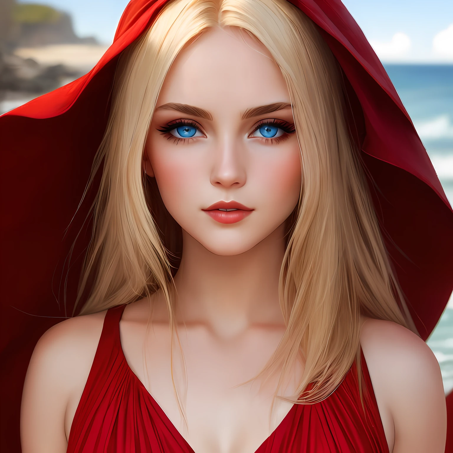 (sharp focus: 1.2), photo, attractive young woman, (beautiful face: 1.1), detailed eyes, delicious lips, (cat eye makeup: 0.85), (big blue eyes: 1.0), (toned body: 1.2), (straight long blonde hair: 1.2), wearing (red dress: 1.2) on one (beach:1.2). (moderate illumination: 1.2), depth of field, bokeh, 4K, HDR. by (James C. Christensen:1.2 | Jeremy Lipking:1.1).