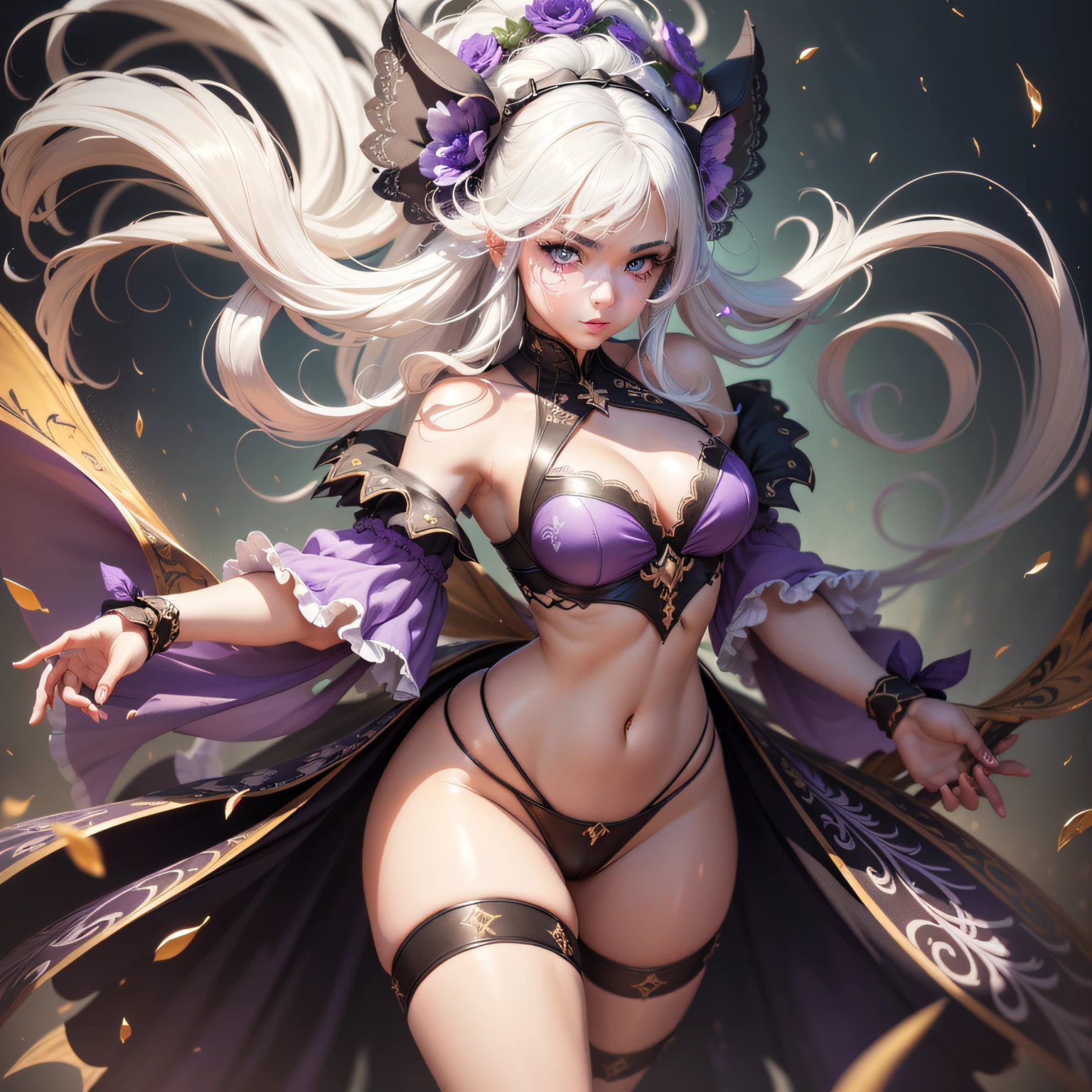 (ultra-detailed, best quality),(a beautiful girl),long white hair,black deer antlers,(a mummy-like dressing wrapped around top part of body),black shorts,purple dress,long black high heels, beautiful purple eyes