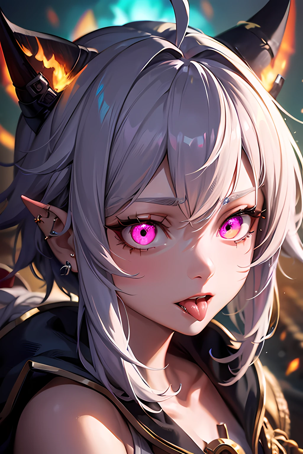 Textured skin、A masterpice、of the best quality、(Cinematic lighting)、award wining、anatomically correcte、{fire sparks}、woman kngiht、rainbow hair、Ahoge、Crazy eyes、(Glowing eyes)、mismatched sclera、Tongue stock、Tons of piercings、nose piercing、pirate、seas、
