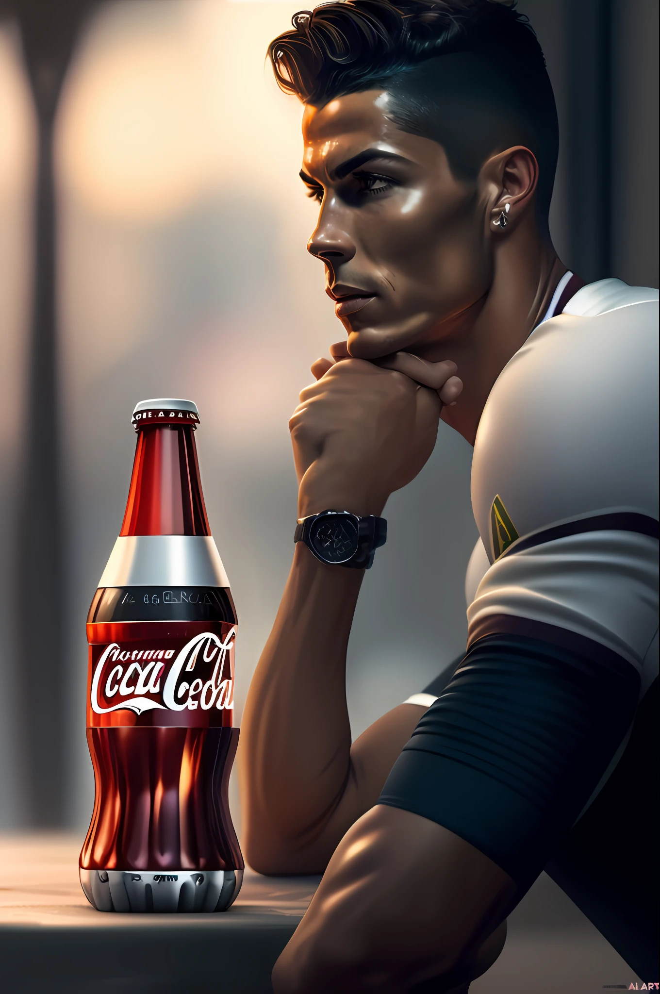 pintura de um homem encostado em uma mesa com uma garrafa de coca-cola, hyper realistic illustration, hyperrealistic illustration, No estilo de Kyrill Kotashev, inspirado em Alexander Deyneka, inspirado em Rudy Siswanto, estilo hiper realista, Stefan Koidl