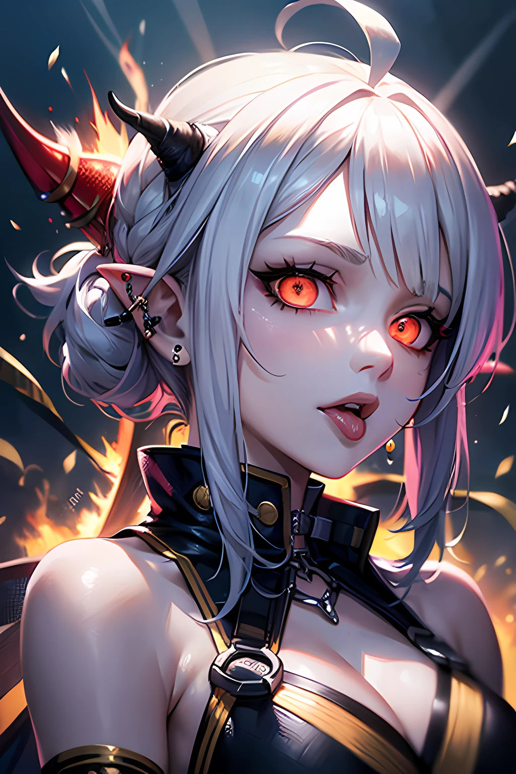 Textured skin、A masterpice、of the best quality、(Cinematic lighting)、award wining、anatomically correcte、{fire sparks}、woman kngiht、rainbow hair、Ahoge、Crazy eyes、(Glowing eyes)、mismatched sclera、Tongue stock、Tons of piercings、nose piercing、pirate、seas、
