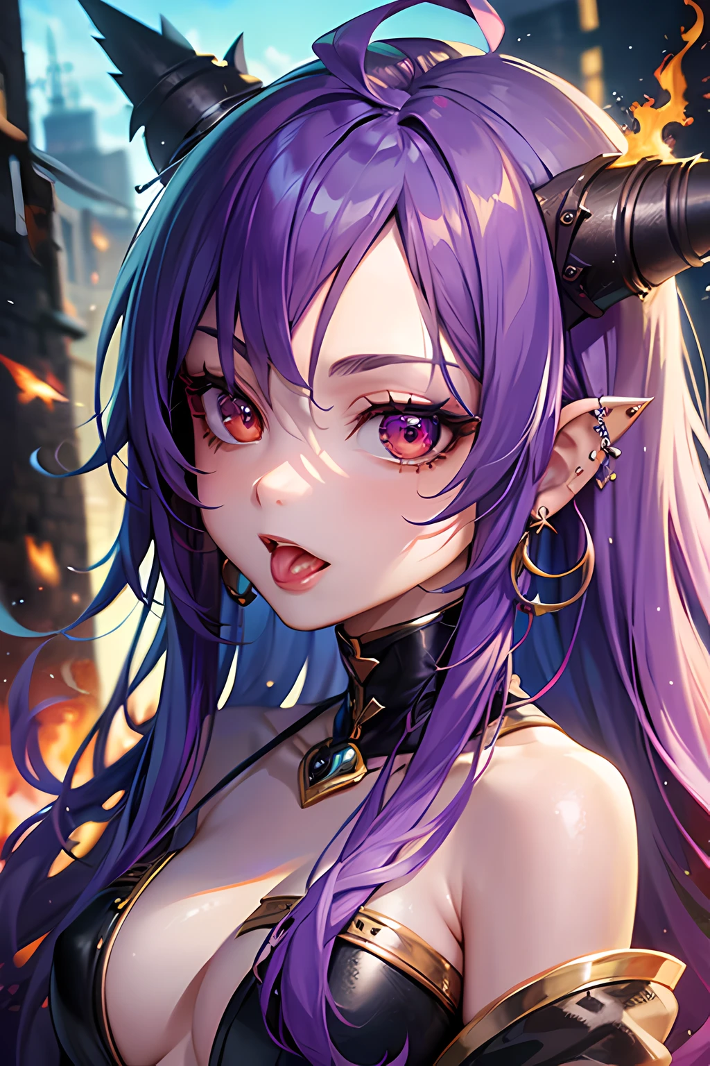 Textured skin、A masterpice、of the best quality、(Cinematic lighting)、award wining、anatomically correcte、{fire sparks}、woman kngiht、rainbow hair、Ahoge、Crazy eyes、(Glowing eyes)、mismatched sclera、Tongue stock、Tons of piercings、nose piercing、pirate、seas、