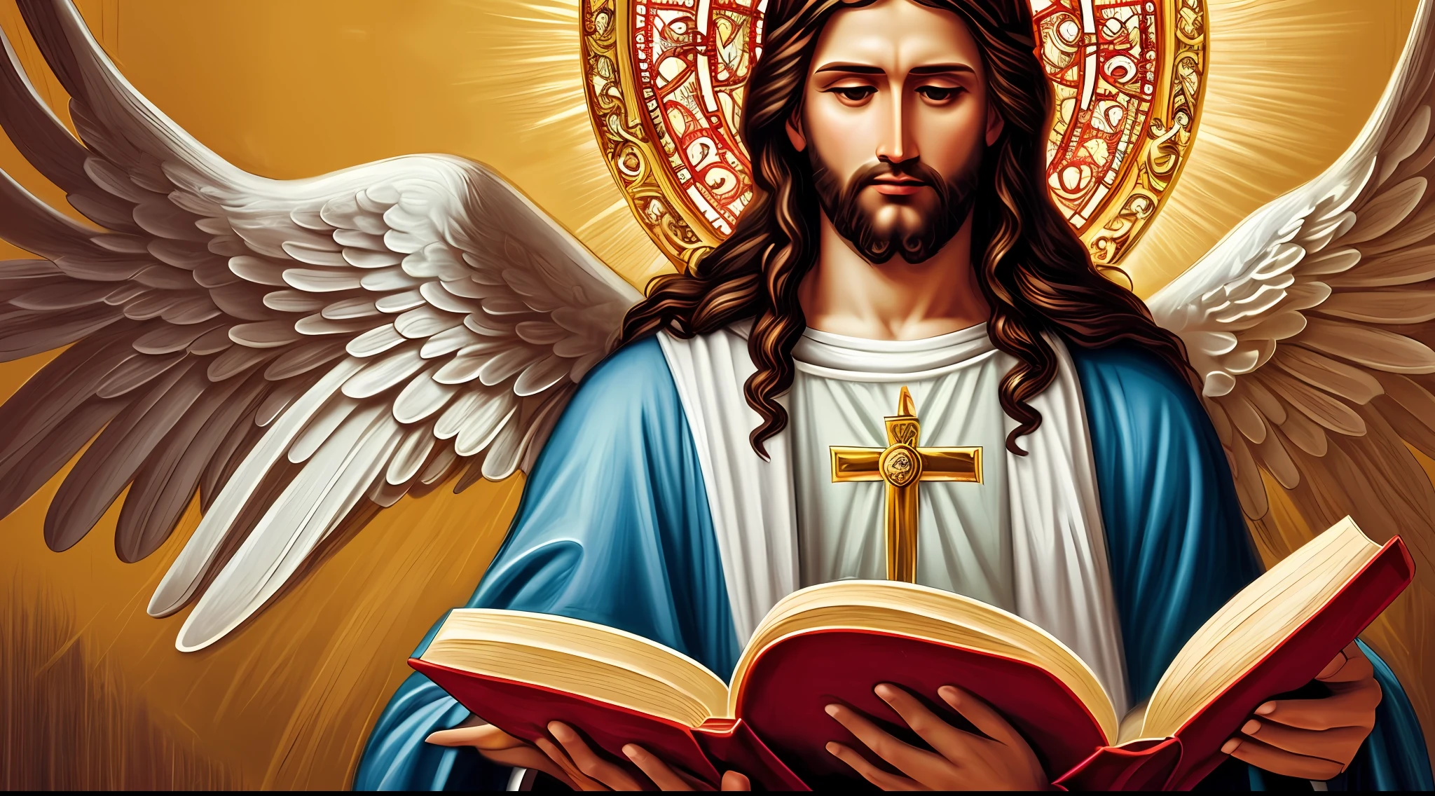 imagem de um homem com uma coroa e um livro, Retrato de um Deus Celestial, Jesus Cristo, Jovem Deus Todo-Poderoso, reino divino dos deuses, Rei dos Reis, deus divino, biblical accurate angel, Retrato de Jesus Cristo, Jesus, queen of heaven, imagens sagradas, bible illustration, imagens religiosas, arte conceitual de deus, fan art, catholic religious art --auto