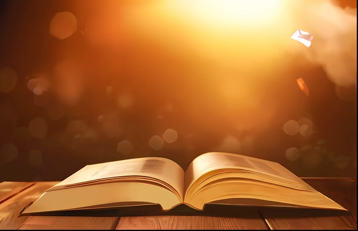 um livro aberto em uma mesa de madeira com uma luz brilhante no fundo, um livro aberto, open book page, Directed by: Niko Henrichon, conhecimento intenso, open magic book glowing, uma obra-prima de storytelling, flowing book pages, grande livro aberto, bible illustration, com um livro vintage em uma mesa, grande livro aberto, Directed by: Julian Allen, livro antigo