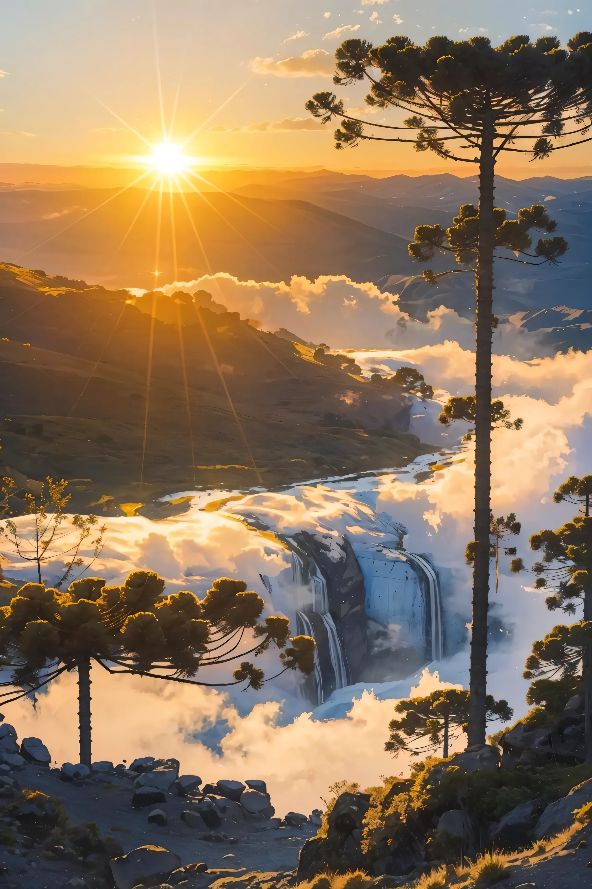 (best quality), masterpiece,illustration.,8k_raw,highres, (araucaria:1.2),mountain,waterfall,pike, landscape, cloud,(sun),