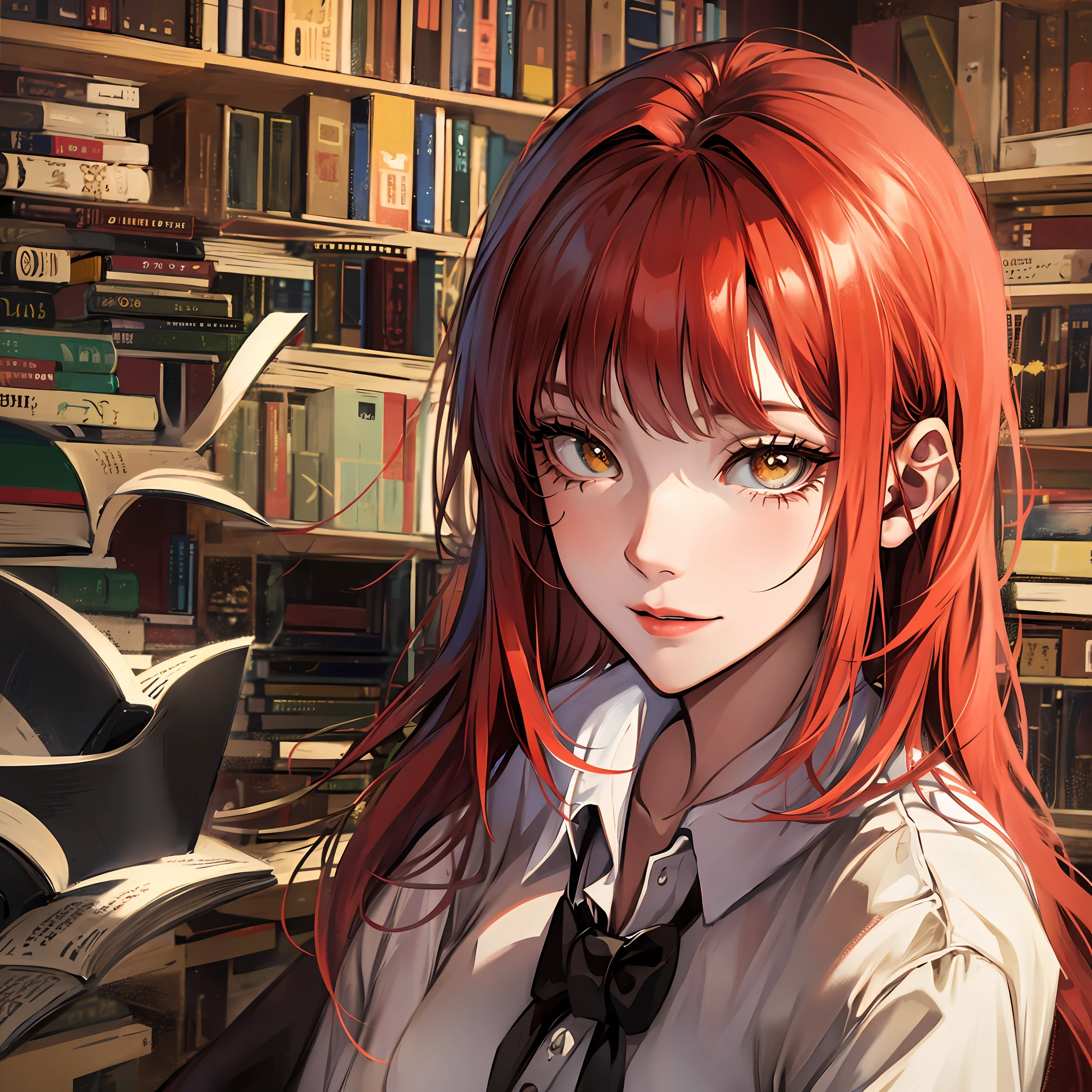 Girl with red hair in a library
