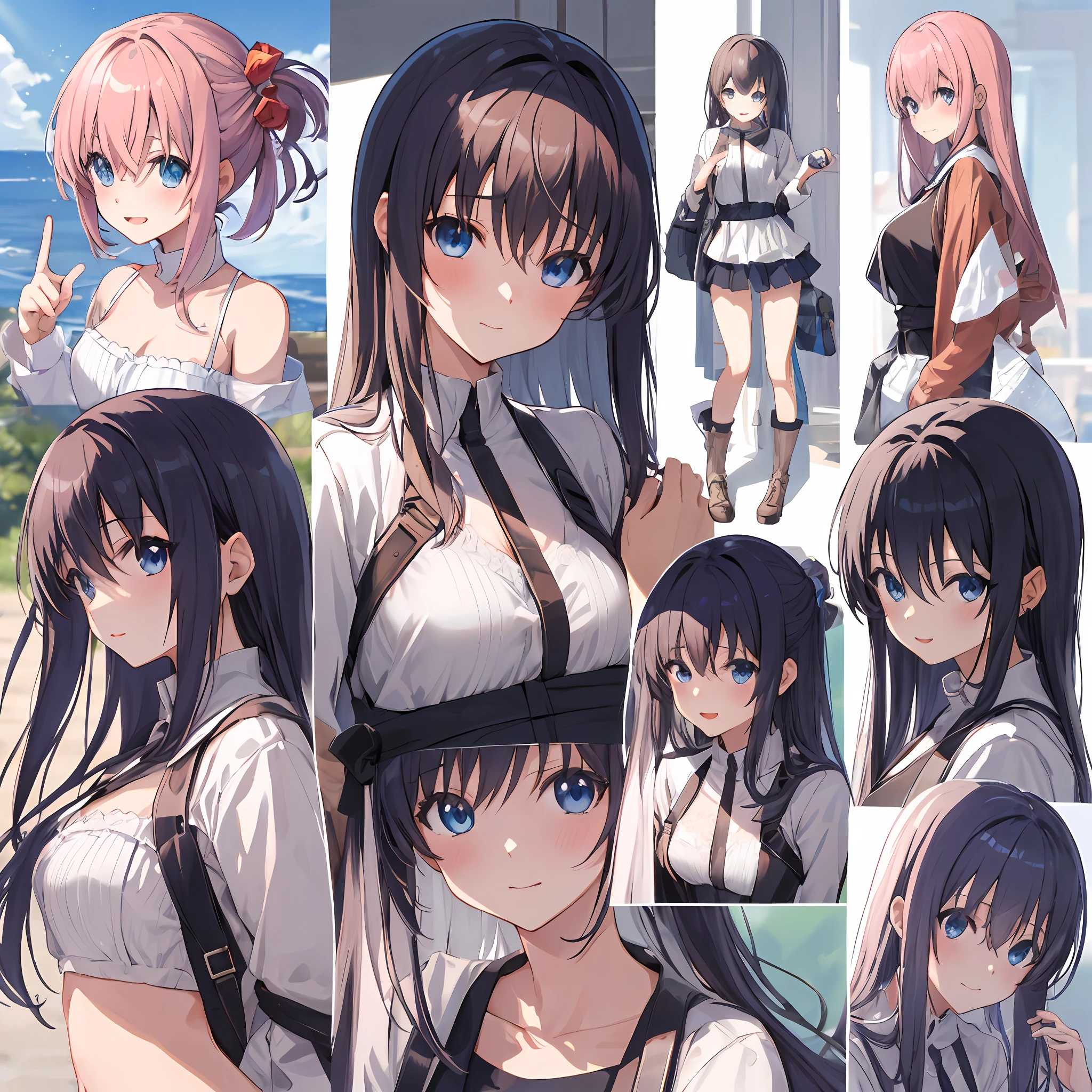 a close up of a person with different poses and expressions, shoujo manga character design, anime character reference sheet, visual anime de uma menina bonito, design de personagens de anime, Estilo de conjunto de anime, Estilo de cor Aya Takano, Melhor Design de Personagens de Anime, Estilo anime, Personagem de anime feminino, personagem estilo anime, design de personagens de anime bonito, Anime Concept Art, arte de personagens de anime, NSFW