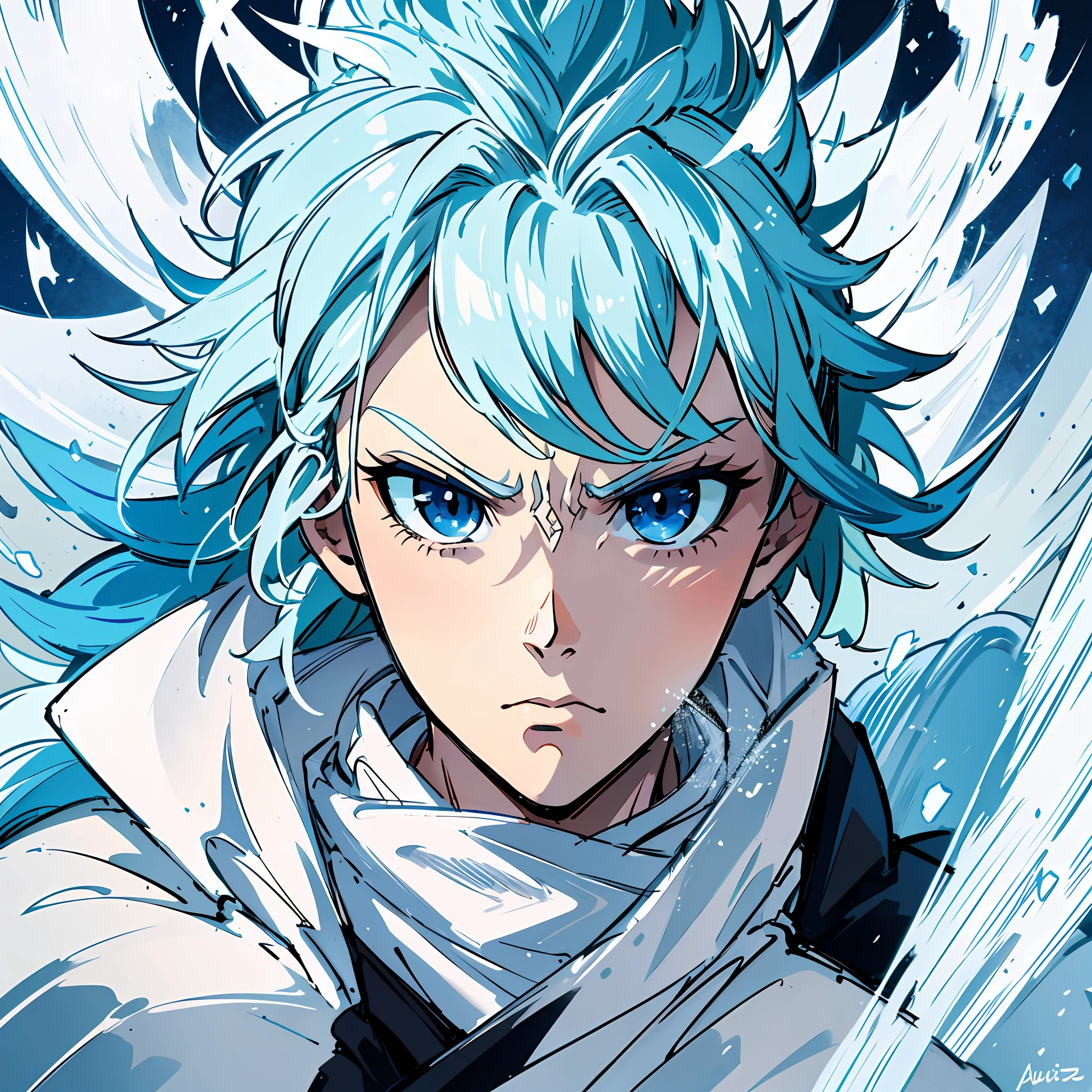 Obra mestra, 1 homen, Aang avatar a lenda de aang, Dano de batalha, aura azul, Intimidating and cold expression, postura intimidante, ventos fortes e avastaladores, olhos brilhantes e azuis.