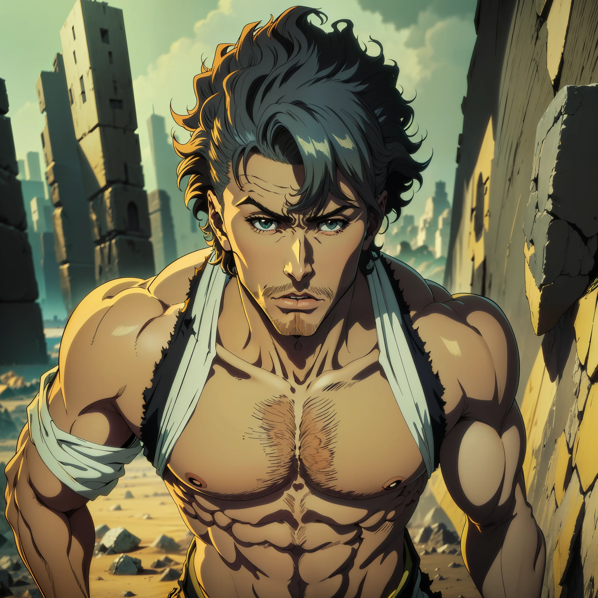 Anime - ((obra-prima)),((melhor qualidade)),((detalhe alto)),((8k)), ((hd)),1boy, menino de cabelos escuros e olhos pretos quebrando uma parede com um soco, dynamic picture, pedras voando, imagem com movimento, roupas soltas, musculos.