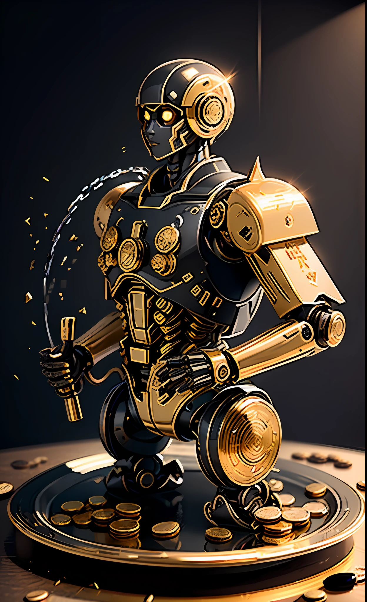 The black robot with micro hoses running gold inside them ,  Seu rosto fino com olhos luminosos azuis, holding a coffee chicara and a plate full of Bitcoin gold coins, a 3d animation in the background of the image, a big screen featuring financial market and crypto charts, investidor