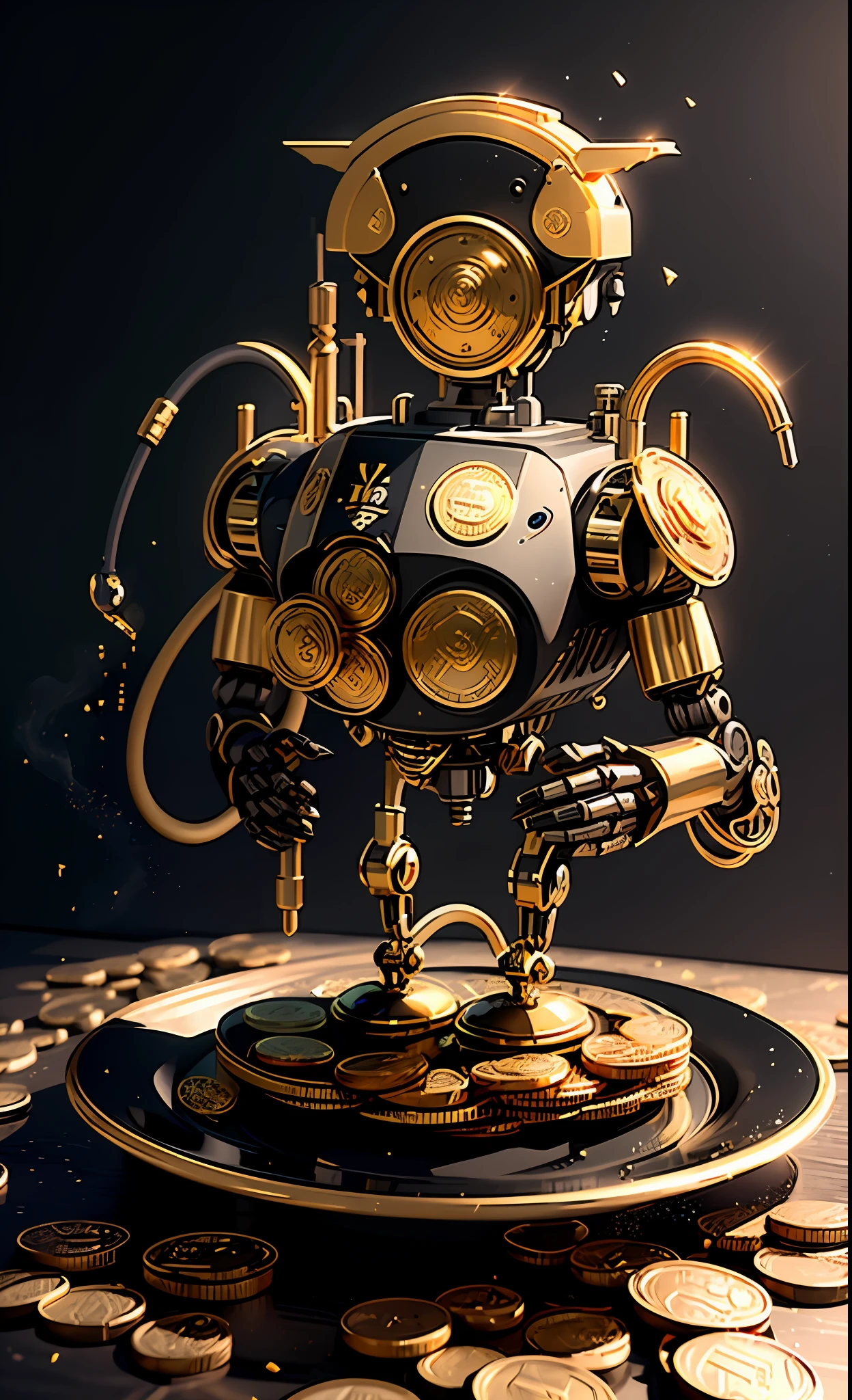 The black robot with micro hoses running gold inside them , Seu rosto fino com olhos luminosos azuis, holding a coffee chicara and a plate full of Bitcoin gold coins, a 3d animation in the background of the image, a big screen featuring financial market and crypto charts, investidor