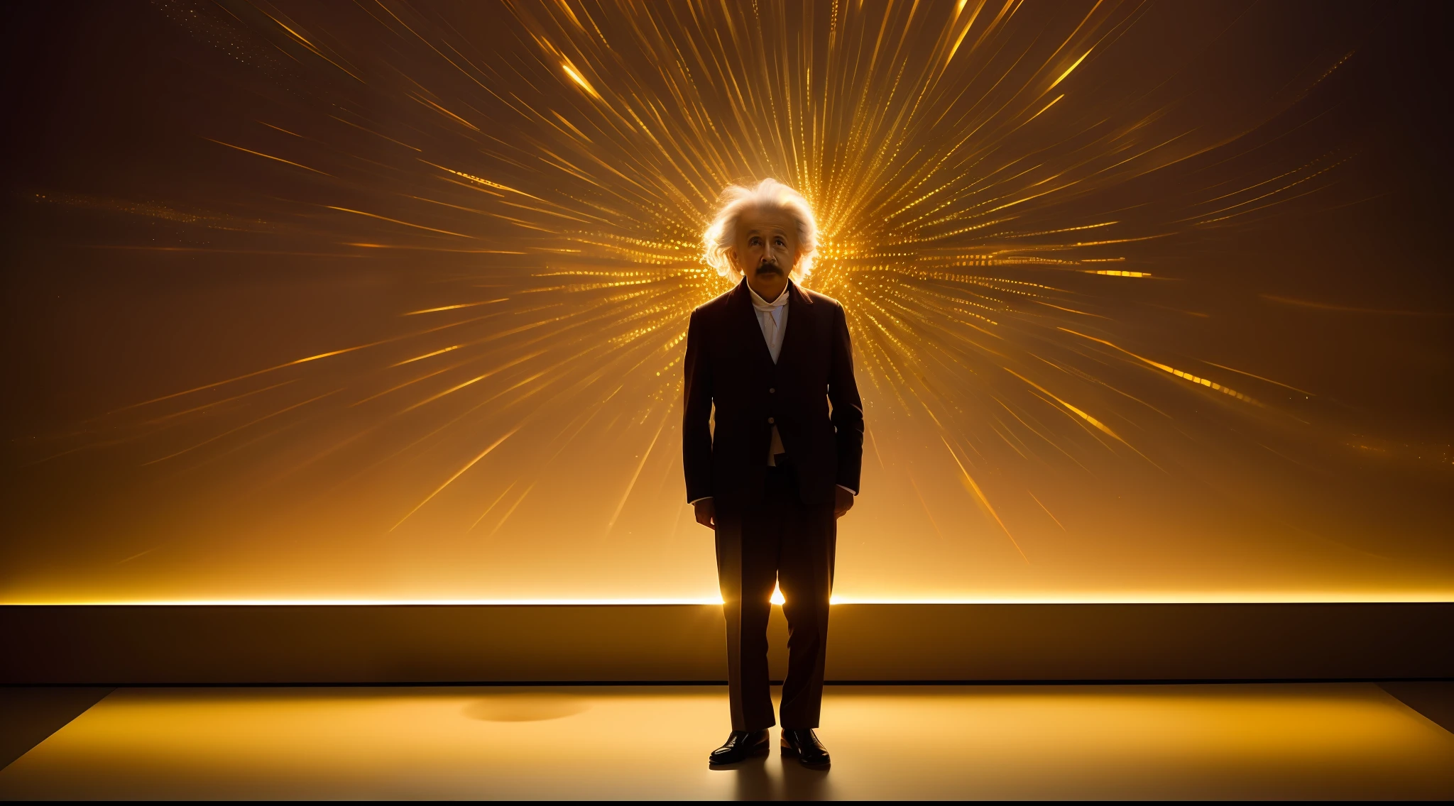 Albert Einstein (in the right corner of the screen), the brilliant physicist, is bathed in a captivating illumination that exudes an aura of genius. Soft beams of light, tinged with shades of golden and amber, envelop him, casting intricate patterns and shadows. The play of light and shadow accentuates his contemplative expression, highlighting the depth of his thoughts and the brilliance of his ideas. In this mesmerizing illumination, the essence of Einstein's intellectual prowess and revolutionary thinking is brought to life, inviting viewers to marvel at the boundless realms of human intelligence and innovation.